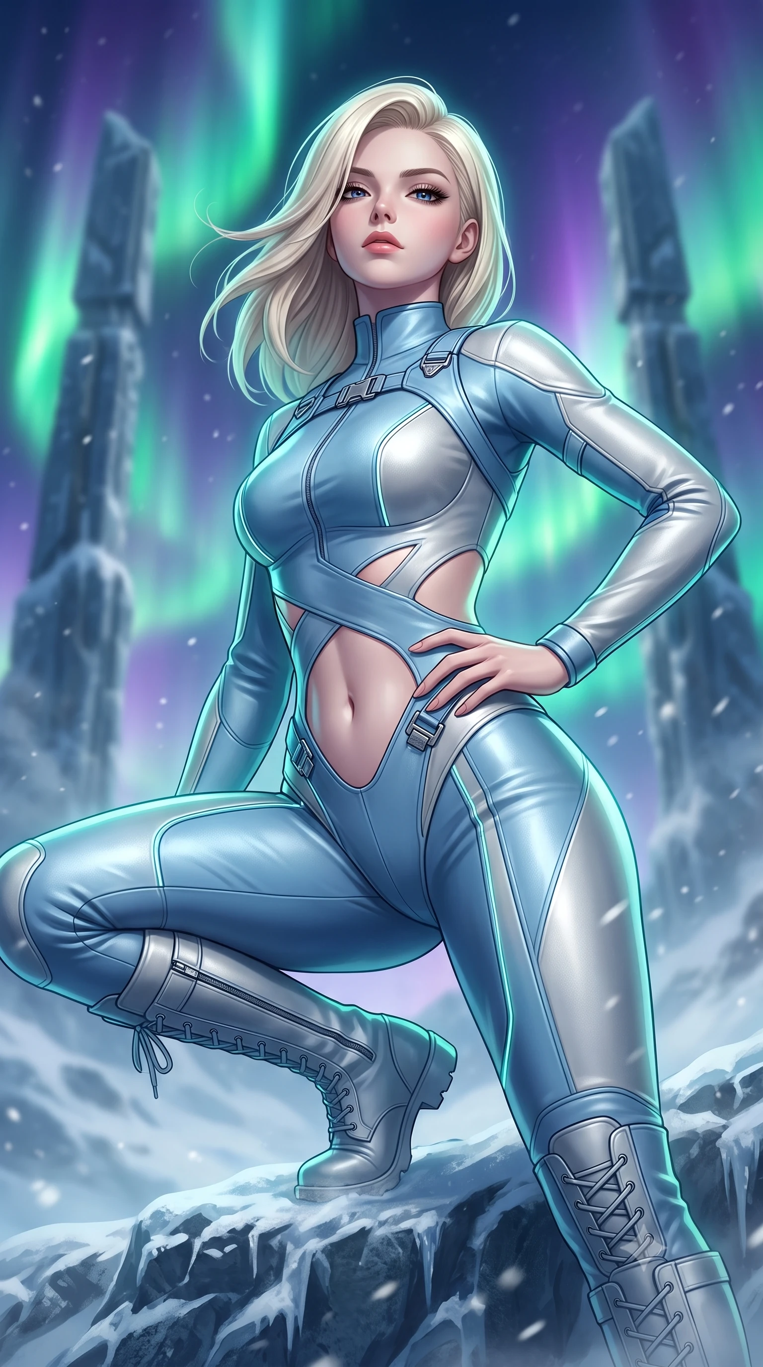 score_9, masterpiece, best quality, ultra-detailed, high-budget anime keyframe, semi-realistic 3D game render, editorial fashion photography, tasteful artistic composition, Caucasian woman. close-up cowboy shot from the waist and thighs up, the character dominates the composition, filling the frame with her large presence. tilting her chin up with proud, sovereign allure while gazing through thick eyelashes, one hand resting on her waist in pure supermodel charisma while crouching low in a kinetic warrior stance on the ice ridge, her athletic feminine curves and sculpted glutes highlighted by aurora ribbons. The composition keeps background elements in soft focus with creamy bokeh. frosted titanium temple pylons and swirling snow haze softened in dramatic cinematic depth. She has an exceptionally elegant, slender, and willowy female figure with an ultra-slim waist, a gracefully sculpted slender torso, toned flat midriff, and rounded feminine hips creating an alluring hourglass silhouette. sharp v-shaped jawline, high-bridge nose, intricate jewel-like eyes with depth, thick eyelashes, glossy parted lips with a natural sheen, intensely captivating and seductive bedroom-eyes expression, flawlessly proportioned anatomical accuracy, strict slender model proportions, natural body alignment, perfectly sculpted long slender limbs, ultra-slim waistline, clean dynamic posture without body distortion. wearing a stealth ballistic leather bodysuit with diagonal midriff cutouts and knee-high combat boots in ice crystal blue and brushed platinum, crafted from flexible ballistic matte leather and aerodynamic stretch neoprene, finished with quick-release titanium buckles and neon-reflective piping, the second-skin form-contouring cut accentuating her sculpted flat midriff, narrow waistline, and dramatically curvy hips without adding bulk. bathed in vibrant emerald and violet aurora backlighting from the polar sky. highly saturated vibrant anime colors, detailed shading with soft gradients, rich glossy textures, high-contrast stereoscopic depth, volumetric dynamic lighting, master piece, 9:16 ratio