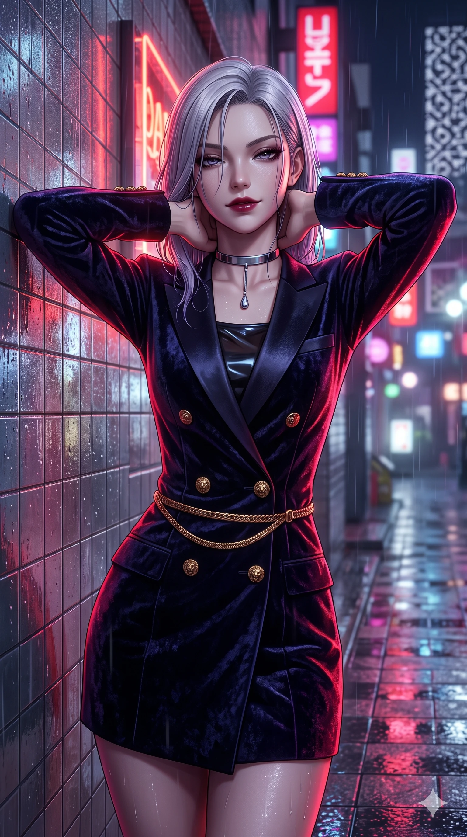 score_9, masterpiece, best quality, ultra-detailed, high-budget anime keyframe, semi-realistic 3D game render, editorial fashion photography, tasteful artistic composition, Caucasian woman. close-up cowboy shot from the waist and thighs up, the character dominates the composition, filling the frame with her large presence. resting both hands lightly behind her neck with elbows raised, arching her spine to highlight her narrow waist, flat midriff, and breathtaking collarbones while leaning back against the rain-slicked tile wall with hips cocked back, looking through dark wet strands of hair with heavy-lidded bedroom-eyes. The surrounding environment is rendered in vivid detail and crisp panoramic clarity: detailed liquid-look vinyl mini dress tailoring, gold snake chain belt, and urban Ginza architecture in razor-sharp precision. She has an exceptionally elegant, slender, and willowy female figure with an ultra-slim waist, flat toned midriff, narrow ribcage, and sculpted feminine hips creating an alluring, slim hourglass silhouette without bulk. sharp v-shaped jawline, high-bridge nose, intricate jewel-like dark sparkling eyes with dangerous depth, thick curled eyelashes, glossy parted lips with a rich wine sheen, smoldering seductive half-smile with bedroom-eyes, exuding effortless superiority and intoxicating dark allure, flawlessly proportioned anatomical accuracy, strict slender model proportions, natural body alignment, perfectly sculpted long slender limbs, ultra-slim waistline, clean dynamic posture without body distortion. wearing a tailored double-breasted midnight tuxedo jacket dress with satin peak lapels and golden lion-head buttons in Tokyo Tower scarlet crimson and midnight indigo, tailored from crushed dark velvet with deep light-absorbing plush texture, finished with a minimalist chrome choker and a single teardrop pendant, the impeccably tailored cut draping gracefully along her slender figure with aristocratic noir poise. illuminated by wet pavement neon puddle bounce and sharp scarlet-magenta rim lights sculpting her razor-sharp jawline, narrow waist, and curvy hips. highly saturated vibrant anime colors, detailed shading with soft gradients, rich glossy textures, high-contrast stereoscopic depth, volumetric dynamic lighting, master piece, 9:16 ratio