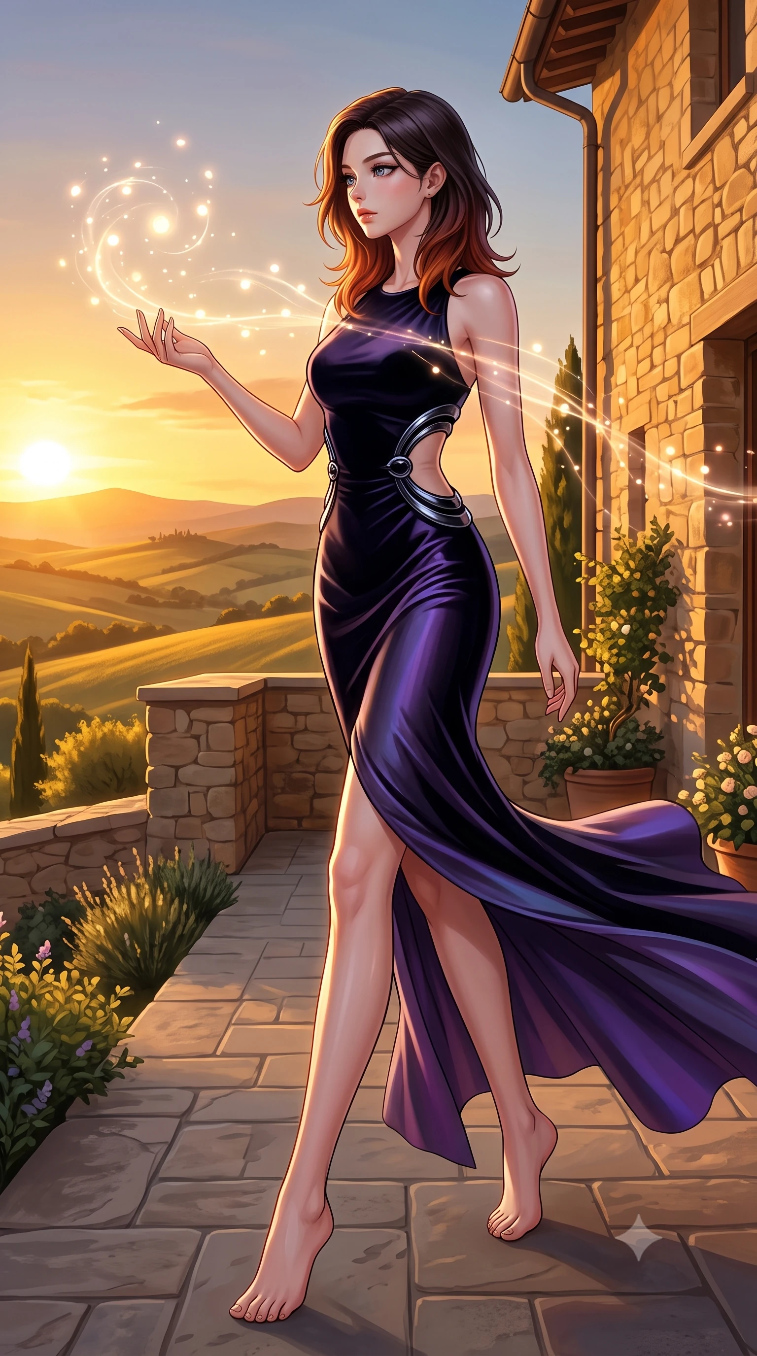 score_9, masterpiece, best quality, ultra-detailed, high-budget anime keyframe, editorial fashion photography, tasteful artistic composition, Korean woman. low angle full-body shot from head to toe showing her feet, filling the entire 9:16 vertical frame with her statuesque presence, stretching her vertical silhouette. interacting with glowing light particles, her long slender legs poised in motion, looking out over rolling golden hills as evening wind trails move her silk dress, effortless European resort luxury aesthetic. She has an absolutely perfect, statuesque 8.5-heads proportion, an exceptionally tall and slender model-like female figure with impossibly long slender legs and an ultra-slim waist. sharp v-shaped jawline, high-bridge nose, intricate jewel-like eyes with depth, thick eyelashes, glossy lips with a natural sheen. wearing sculpted form-fitting dark velvet column gown in pitch black in metallic dark silver, made of iridescent dark violet taffeta, accented with sculpted obsidian chrome rings at the waist, the fitted fabric emphasizing her ultra-slim waist. illuminated by rich amber daylight and warm fill light from stone walls. highly saturated vibrant anime colors, detailed shading with soft gradients, rich glossy textures, high-contrast stereoscopic depth, volumetric dynamic lighting, master piece, 9:16 ratio