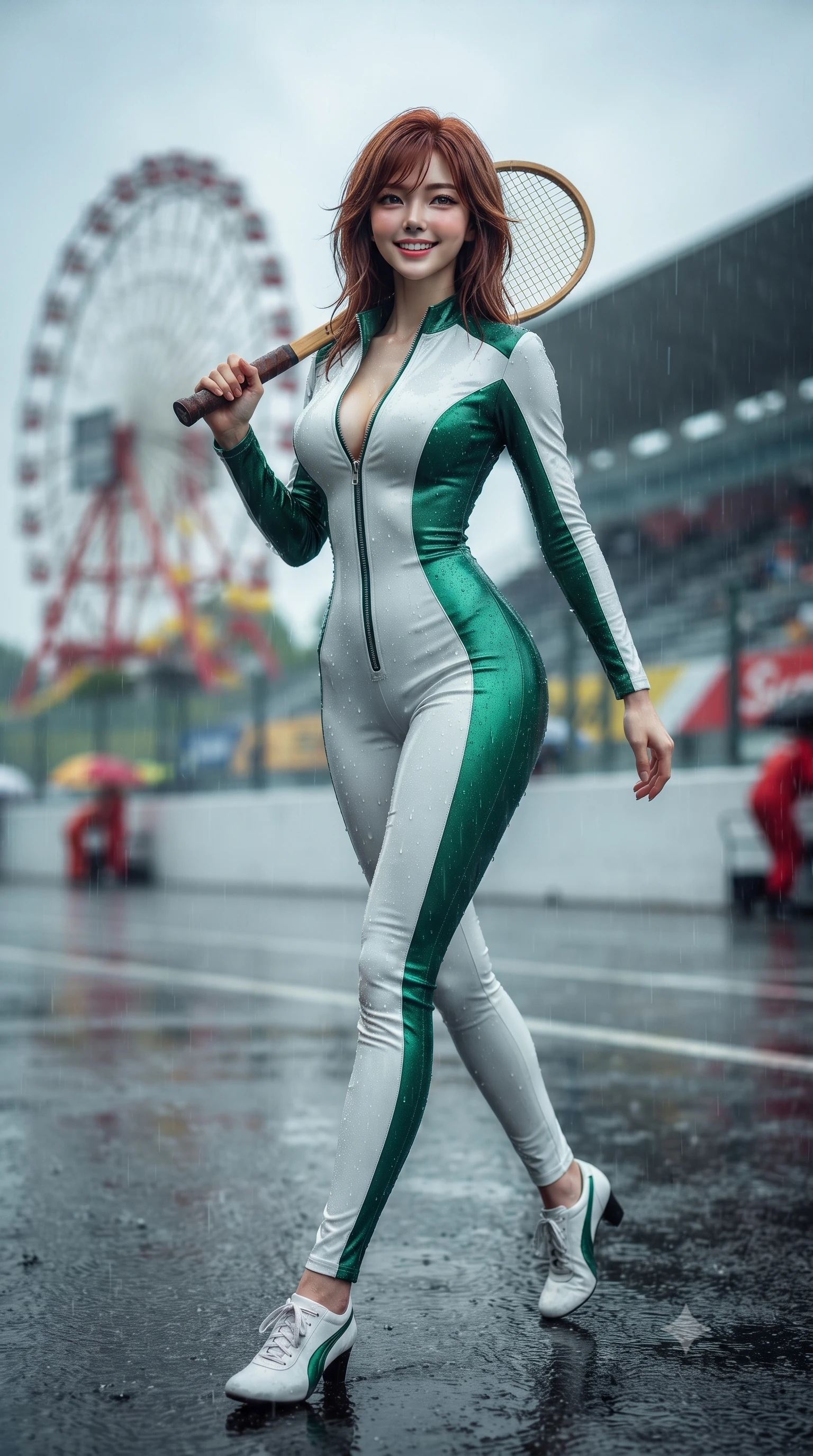 score_9, masterpiece, best quality, ultra-detailed, high-budget anime keyframe, editorial fashion photography, tasteful artistic composition, Korean woman. low angle full-body shot from head to toe showing her feet, filling the entire 9:16 vertical frame with her statuesque presence, stretching her vertical silhouette. stepping forward gracefully across the paddock tarmac in mid-motion with a radiant beaming smile, hips swaying in an alluring kinetic rhythm that accentuates her curvy hourglass silhouette and long slender legs while twisting her slender torso in an alluring S-curve beside an idling turbocharged supercar, rain droplets glistening along her suit and hips. The background shows a soft-focus the iconic Suzuka Ferris wheel and main grandstand blurred into vibrant yellow, red, and stormy charcoal bokeh through falling rain. She has an absolutely perfect, statuesque 8.5-heads proportion, an exceptionally tall and slender model-like female figure with impossibly long slender legs, an ultra-slim waist, a flat toned midriff, narrow delicate ribcage, and beautifully sculpted feminine hips creating a graceful, slim hourglass silhouette without any bulky heaviness. sharp v-shaped jawline, high-bridge nose, sparkling eyes with athletic focus and depth, thick curled eyelashes, glossy parted lips with a natural coral-peach sheen, bright confident and coquettish smile with alluring bedroom-eyes, exuding both youthful sporty vigor and sovereign high-society glamour, flawlessly proportioned anatomical accuracy, strict slender model proportions, natural body alignment, perfectly sculpted long slender limbs, ultra-slim waistline, clean dynamic posture without body distortion. wearing an ultra-tight form-contouring racing leather catsuit in two-tone white and British racing green with a deep-plunging zip neck in alpine silver platinum and forest green, woven from metallic lurex and technical nylon with subtle starlight glints, featuring a vintage wooden tennis racket held casually over one shoulder, the liquid-tight tailored fabric clinging flawlessly to her narrow waist and rounded feminine hips, emphasizing every millimeter of her sculpted slim hourglass curves without any bulky heaviness. bathed in moody wet-race daylight contrasting with bright pit garage halogen floodlights. ultra-reflective glossy finish, specular highlights, rich textural contrasts, high-contrast stereoscopic depth, volumetric dynamic lighting, 2k, ultra detail, master piece, 9:16 ratio