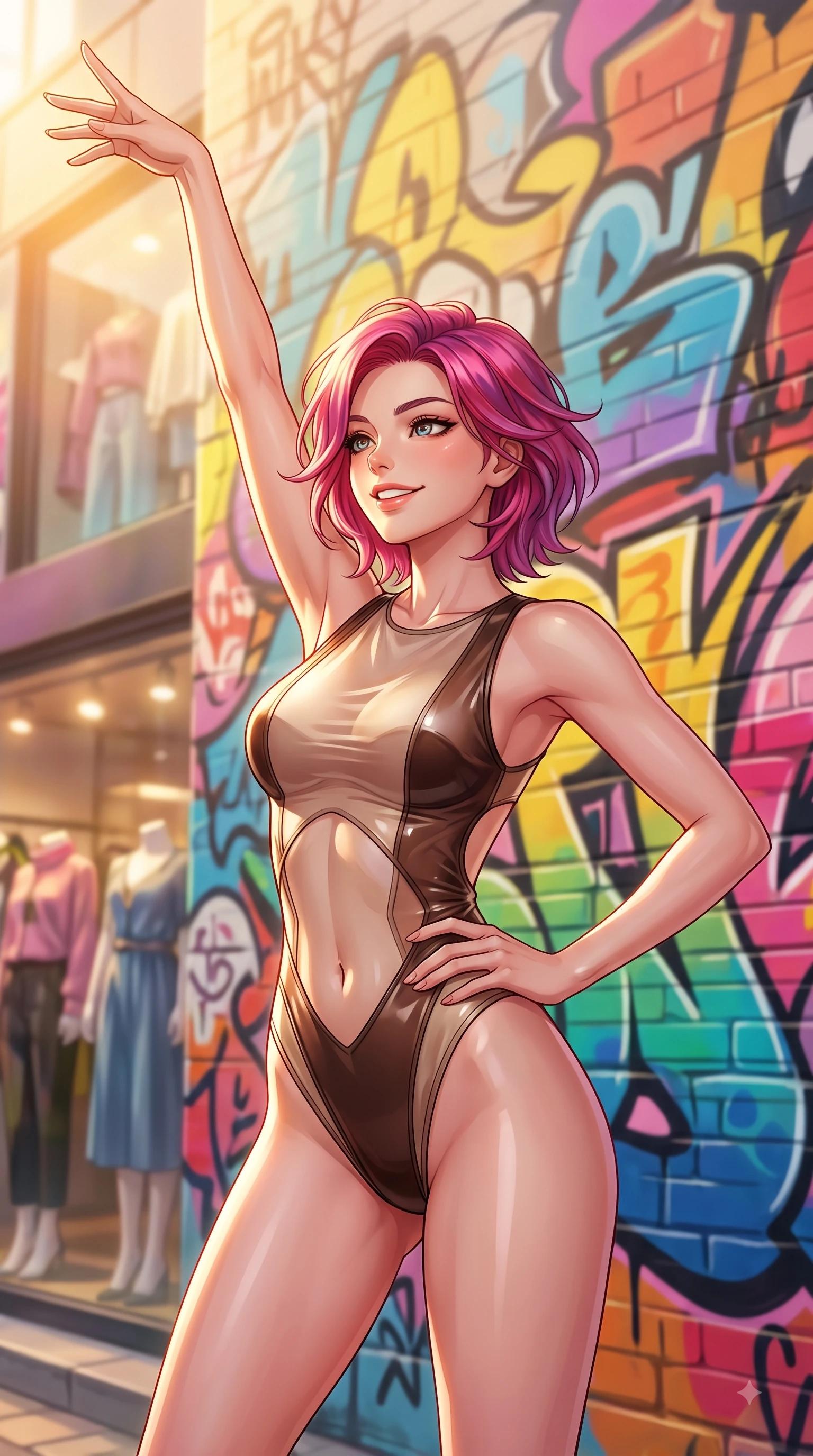 score_9, masterpiece, best quality, ultra-detailed, high-budget anime keyframe, editorial fashion photography, tasteful artistic composition, Caucasian woman. close-up cowboy shot from the waist and thighs up, the character dominates the composition, filling the frame with her large presence, background elements kept in soft focus. Extending one arm in an elegant stretch toward the light while smiling with vibrant, youthful self-assurance while poised gracefully in front of a colorful graffiti wall on Hongdae fashion street at golden hour, trendy fashion window displays reflecting golden afternoon sunlight vividly. She has an exceptionally elegant, slender, and willowy female figure with an ultra-slim waist, a gracefully sculpted slender torso, and a refined silhouette. sharp v-shaped jawline, high-bridge nose, intricate jewel-like eyes with depth, thick eyelashes, glossy lips with a natural sheen, flawlessly proportioned anatomical accuracy, natural body alignment, perfectly sculpted elegant limbs, clean dynamic posture without body distortion. wearing a high-cut translucent vinyl leotard with front paneling and open back in espresso brown and warm cream, woven from fine semi-opaque sheer organza, featuring subtle geometric cutouts that highlight her ultra-slim midriff, the tailored fabric tightly following every curve of her athletic build. bathed in bright golden hour sunshine and warm urban ambient illumination. highly saturated vibrant anime colors, detailed shading with soft gradients, rich glossy textures, high-contrast stereoscopic depth, volumetric dynamic lighting, master piece, 9:16 ratio