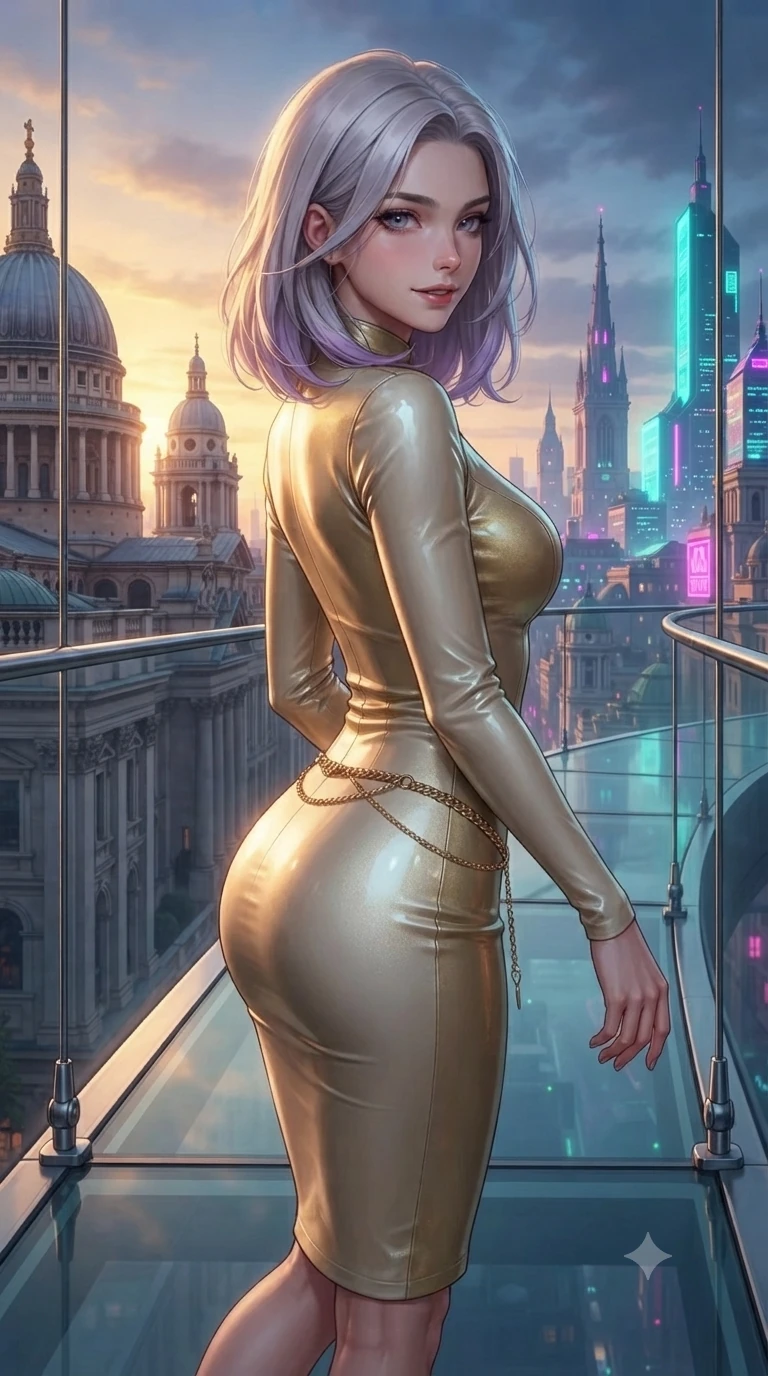 score_9, masterpiece, best quality, ultra-detailed, high-budget anime keyframe, editorial fashion photography, tasteful artistic composition, Caucasian woman. close-up cowboy shot from the waist and thighs up, the character dominates the composition, filling the frame with her large presence. leaning forward while arching her lower back to accentuate her curvy hips, looking into the camera with an intoxicating smoldering gaze and bedroom-eyes while walking slowly along the suspended glass sky-terrace, looking back over her shoulder with an air of effortless grace and an alluring, smoldering smile as heritage stone domes on one side transition into neon cyber-spires on the other. The surrounding environment is rendered in vivid detail and crisp panoramic clarity: sharp glass floor structural seams, polished steel cable tensioners, and crisp distant architectural spires in deep focus. She has an exceptionally elegant, slender, and willowy female figure with an ultra-slim waist, flat toned midriff, narrow ribcage, and sculpted feminine hips creating an alluring, slim hourglass silhouette without bulk. sharp v-shaped jawline, high-bridge nose, intricate jewel-like sparkling eyes with depth, thick eyelashes, glossy parted lips with a natural sheen, intensely captivating and seductive bedroom-eyes expression, exuding both youthful cute charm and sovereign luxury allure, flawlessly proportioned anatomical accuracy, strict slender model proportions, natural body alignment, perfectly sculpted long slender limbs, ultra-slim waistline, clean dynamic posture without body distortion. wearing a glove-like stretch lambskin leather sheath dress accentuating her ultra-slim waistline without bulk in Istrian stone cream and antique gold-leaf, woven from buttery-soft stretch lambskin leather adhering to her body like a second skin, accented with a delicate gold chain belt resting loosely on her curvy hips, the glove-like clinging cut tightly following the natural contour of her hips and long slender legs with youthful 8.5-heads elegance. bathed in the dramatic dual twilight lighting: warm golden sunset rays from the heritage west and cool vibrant neon from the futuristic east. ultra-reflective glossy finish, specular highlights, rich textural contrasts, high-contrast stereoscopic depth, volumetric dynamic lighting, 2k, ultra detail, master piece, 9:16 ratio