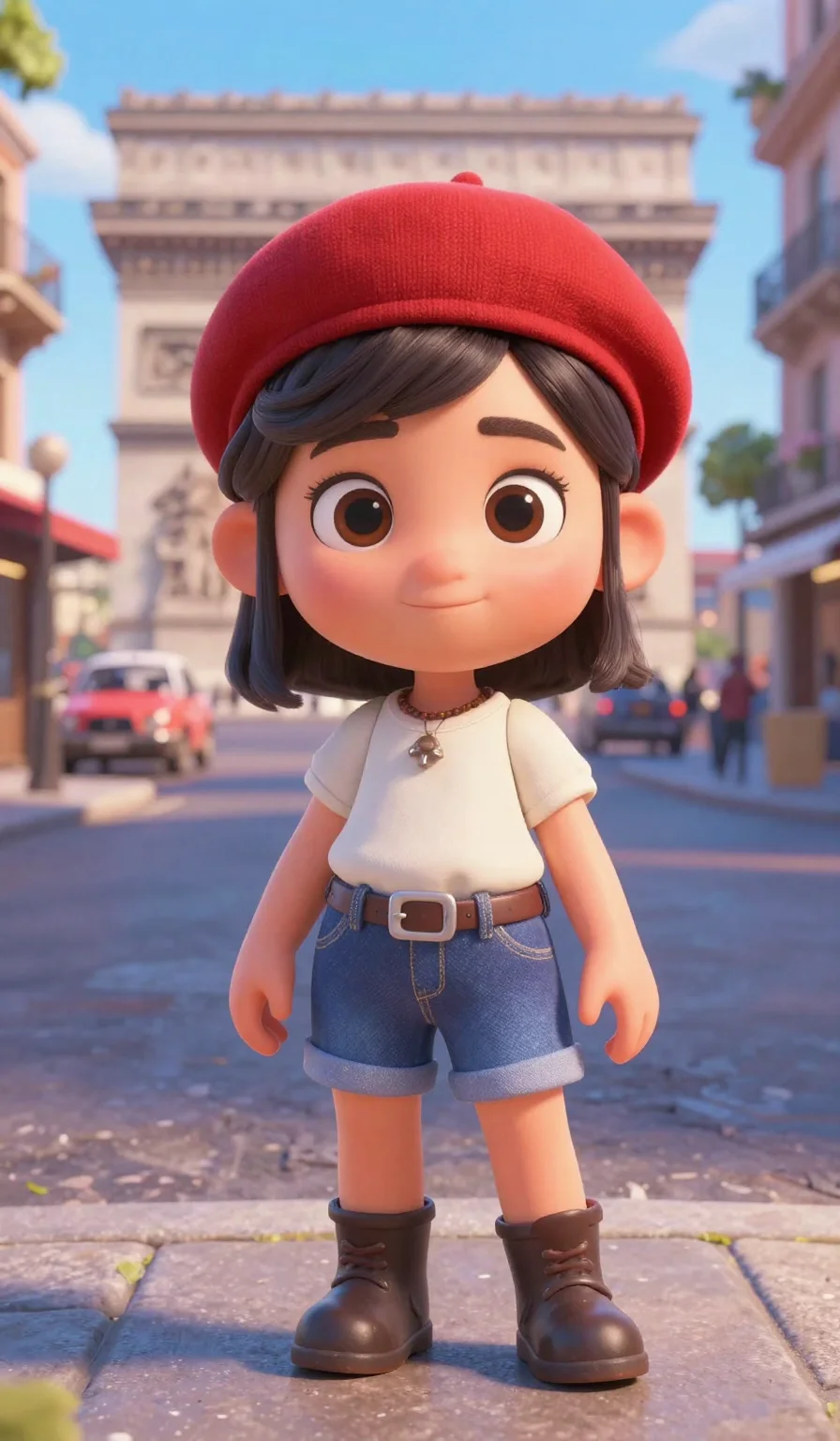 (masterpiece:1.2), best quality, highres, (3D character:1.2), beautiful girl, bob cut, red beret, (Paris street:1.1), Pixar style, charming and pretty, 2k, ultra detail, 9:16 ratio