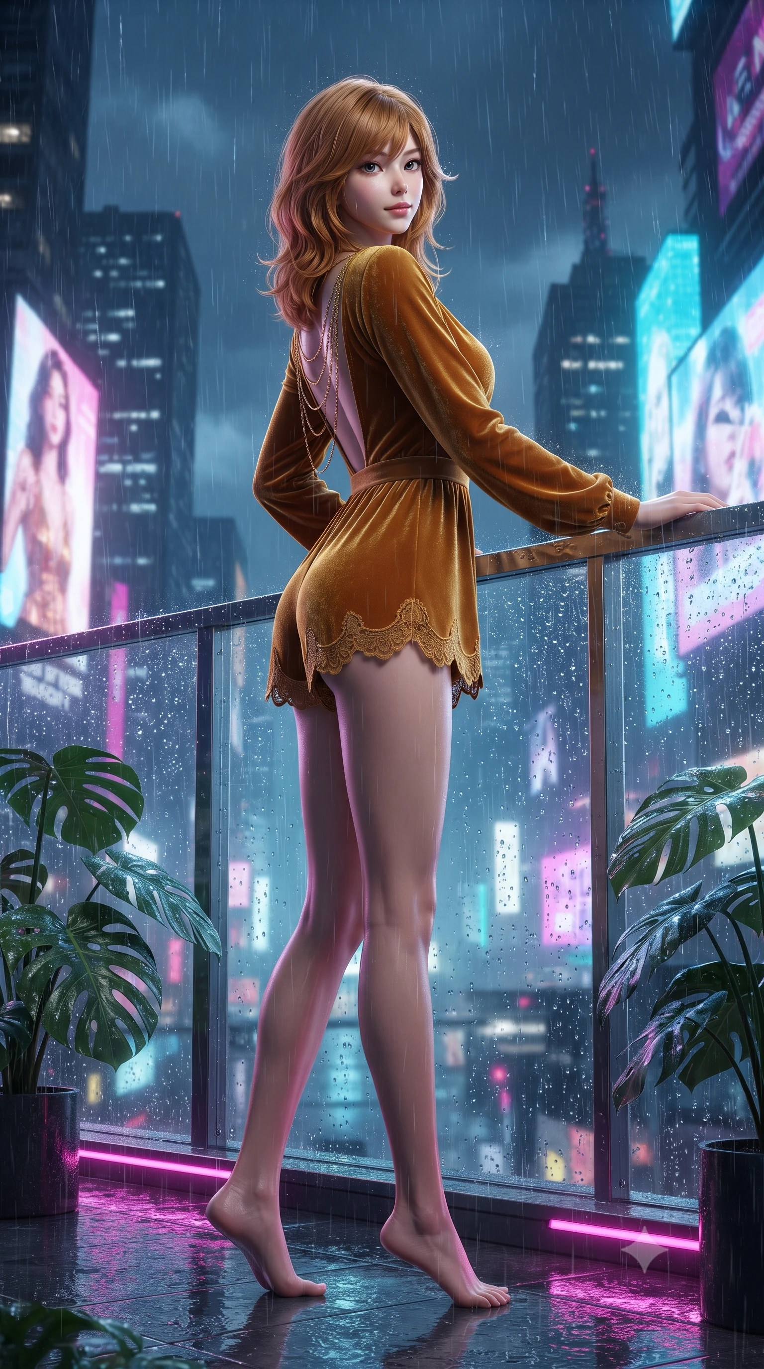score_9, masterpiece, best quality, ultra-detailed, high-budget anime keyframe, editorial fashion photography, tasteful artistic composition, Korean woman. low angle full-body shot from head to toe showing her feet, filling the entire 9:16 vertical frame with her statuesque presence, stretching her vertical silhouette. stepping slowly toward the camera with hypnotic grace, hips swaying in an alluring sensual rhythm that accentuates her curvy hourglass silhouette and long slender legs while leaning against the wet glass parapet with hips cocked back, looking through heavy rain toward towering holographic advertisements. The surrounding environment is rendered in vivid detail and crisp panoramic clarity: sharp water droplet beads on glass guardrails, wet tropical monstera leaf veins, and holographic pixel grain in deep focus. She has an absolutely perfect, statuesque 8.5-heads proportion, an exceptionally tall and slender model-like female figure with impossibly long slender legs, an ultra-slim waist, a flat toned midriff, narrow delicate ribcage, and beautifully sculpted feminine hips creating a graceful, slim hourglass silhouette without any bulky heaviness. sharp v-shaped jawline, high-bridge nose, sparkling eyes with hypnotic seductive depth, thick curled eyelashes, glossy parted lips with a natural dewy peach sheen, alluring bedroom-eyes with an enchanting coquettish smile, exuding magnetic siren charisma and sophisticated glamour, flawlessly proportioned anatomical accuracy, strict slender model proportions, natural body alignment, perfectly sculpted long slender limbs, ultra-slim waistline, clean dynamic posture without body distortion. wearing a plunge-neck stretch velvet romper with scalloped eyelash-lace hems and a cinched waist ribbon in warm amber honey and antique gold leaf, tailored from ultra-plush velvet with rich tactile depth and deep shadow gradients, accented with an open-back drape framed by falling strands of delicate gold chains, the form-contouring silhouette accentuating her sculpted flat midriff, narrow delicate ribcage, and gracefully curvy hips with intoxicating allure. illuminated by wet floor specular reflections and sharp magenta-cyan rim lights sculpting her razor-sharp jawline, narrow waist, and curvy hips. ultra-reflective glossy finish, specular highlights, rich textural contrasts, high-contrast stereoscopic depth, volumetric dynamic lighting, 2k, ultra detail, master piece, 9:16 ratio