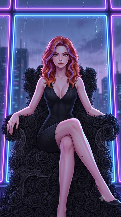 score_9, masterpiece, best quality, ultra-detailed, High-budget Anime Keyframe, Caucasian woman, strictly human ears. Low angle cowboy shot filling the entire 9:16 frame with her statuesque presence. Scenario 323: resting on a throne of black roses, 