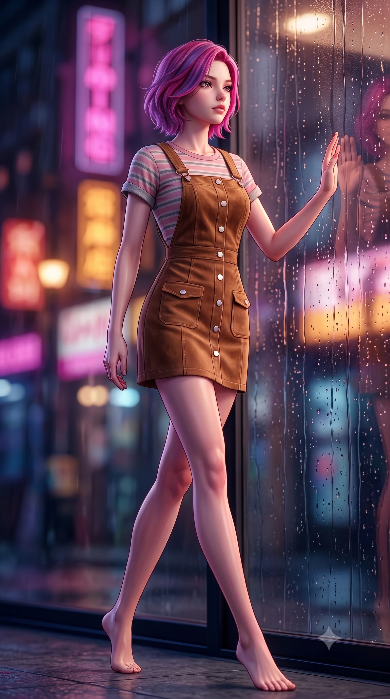 score_9, masterpiece, best quality, ultra-detailed, high-budget anime keyframe, semi-realistic 3D game render, editorial fashion photography, tasteful artistic composition, Caucasian woman. low angle full-body shot from head to toe showing her feet, filling the entire 9:16 vertical frame with her statuesque presence, stretching her vertical silhouette. striding forward in a proud, dynamic supermodel runway stride, her statuesque vertical silhouette commanding the entire frame while pressing her palm lightly against the rain-streaked glass, gazing out into the neon-lit street with wistful, romantic eyes. The composition keeps background elements in soft focus with creamy bokeh. streaming glass raindrop streaks and distant neon shop signs blurred into dreamy magenta, amber, and deep blue bokeh. She has an absolutely perfect, statuesque 8.5-heads proportion, an exceptionally tall and slender model-like female figure with impossibly long slender legs, a toned flat midriff, and an ultra-slim waist. sharp v-shaped jawline, high-bridge nose, intricate jewel-like eyes with depth, thick eyelashes, glossy lips with a natural sheen, captivating and magnetic expression, flawlessly proportioned anatomical accuracy, strict slender model proportions, natural body alignment, perfectly sculpted long slender limbs, ultra-slim waistline, clean dynamic posture without body distortion. wearing a vintage corduroy dungaree dress layered over a pastel striped baby-tee with rolled cuffs in dusty rose pink and vintage heather grey, tailored from velvety soft genuine suede with classic stitched seams, finished with polished mother-of-pearl buttons and tailored flap pockets, the form-contouring material adhering flawlessly to her sculpted flat midriff and slender torso, emphasizing her long leg lines and perfectly proportioned willowy build. surrounded by an emotional, poetic, and heartwarming vintage movie heroine aura. highly saturated vibrant anime colors, detailed shading with soft gradients, rich glossy textures, high-contrast stereoscopic depth, volumetric dynamic lighting, master piece, 9:16 ratio