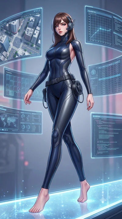 score_9, masterpiece, best quality, ultra-detailed, high-budget anime keyframe, semi-realistic 3D game render, editorial fashion photography, tasteful artistic composition, Korean woman. low angle full-body shot from head to toe showing her feet, fil