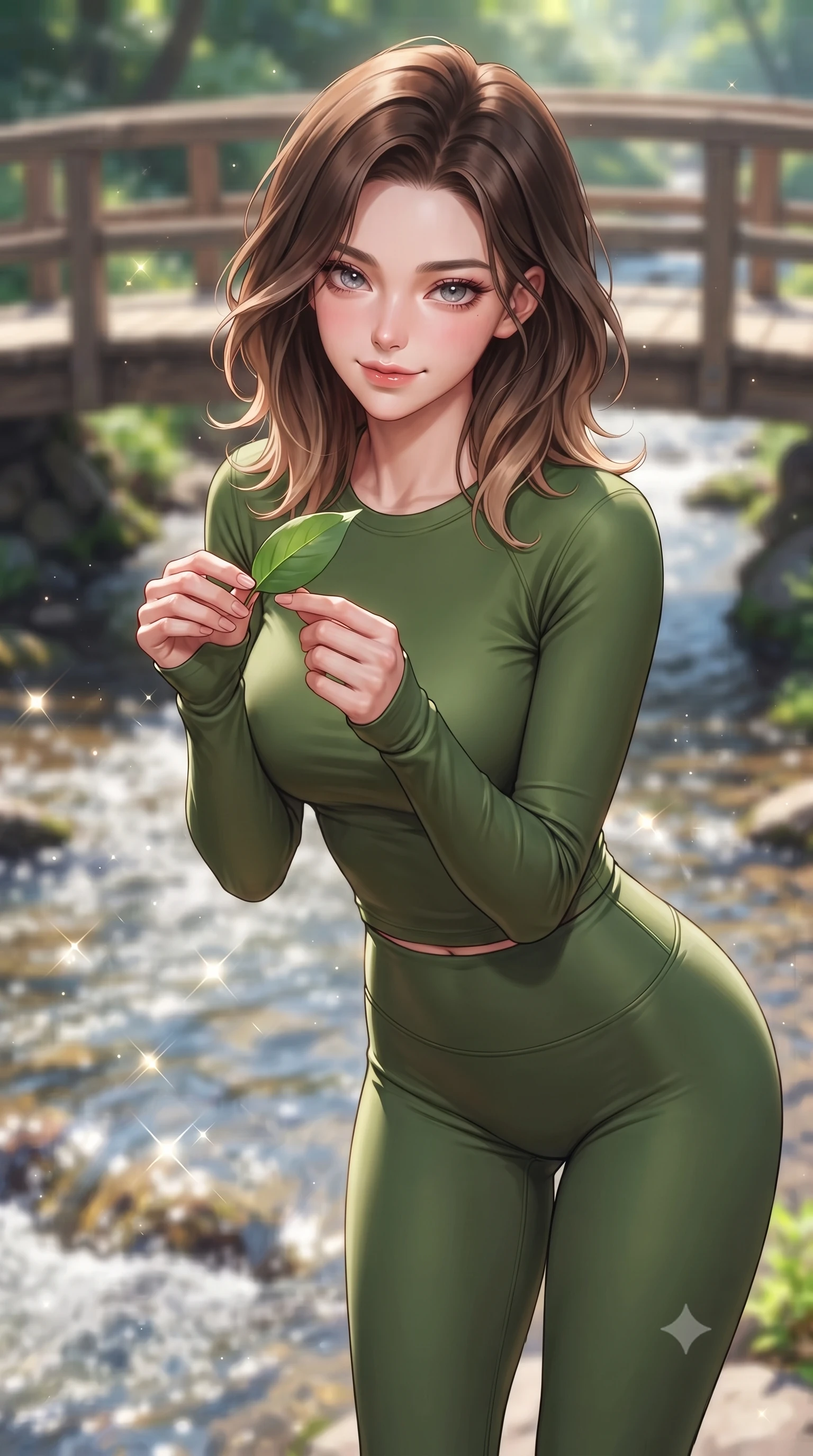 score_9, masterpiece, best quality, ultra-detailed, high-budget anime keyframe, editorial fashion photography, tasteful artistic composition, Korean woman. close-up cowboy shot from the waist and thighs up, the character dominates the composition, filling the frame with her large presence, background elements kept in soft focus. leaning slightly forward with a playful, sultry smile that holds direct, intense eye contact set against a soft-focus background of on a rustic wooden bridge crossing a shallow, bubbling valley stream holding a smooth green leaf with a happy, refreshed expression. She has an exceptionally elegant, slender, and willowy female figure with an ultra-slim waist, a gracefully sculpted slender torso, and a refined silhouette. sharp v-shaped jawline, high-bridge nose, intricate jewel-like eyes with depth, thick eyelashes, glossy lips with a natural sheen. wearing body-hugging tight-fitting athletic long-sleeve top in olive green, paired with form-contouring leggings. bright morning sun rays creating sparkling glints on the moving stream. highly saturated vibrant anime colors, detailed shading with soft gradients, rich glossy textures, high-contrast stereoscopic depth, volumetric dynamic lighting, master piece, 9:16 ratio