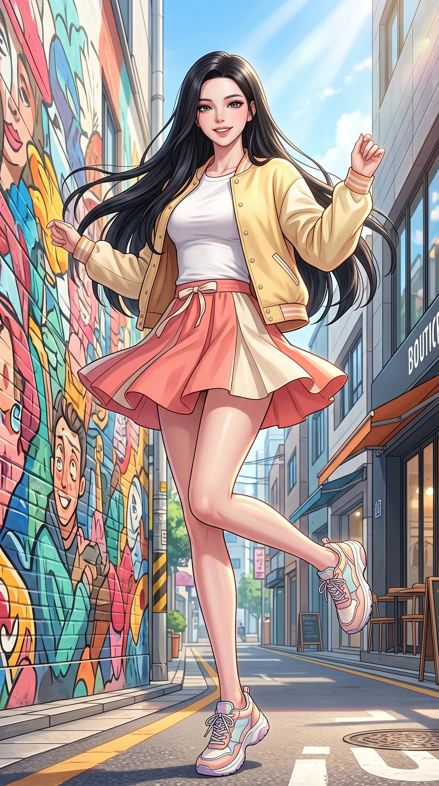 score_9, masterpiece, best quality, ultra-detailed, high-budget anime keyframe, editorial fashion photography, tasteful artistic composition, Korean woman. low angle full-body shot from head to toe showing her feet, filling the entire 9:16 vertical frame with her statuesque presence, stretching her vertical silhouette. performing a cheerful mid-motion turn with flawless poise, her radiant smile capturing fresh girlhood energy while pausing gracefully near a stylish street art mural on a sunny afternoon with a confident cute smile. The surrounding environment is rendered in vivid detail and crisp panoramic clarity. crisp sunlight highlights filtering between stylish Seongsu boutiques and modern cafes. She has an absolutely perfect, statuesque 8.5-heads proportion, an exceptionally tall and slender model-like female figure with impossibly long slender legs and an ultra-slim waist. sharp v-shaped jawline, high-bridge nose, intricate jewel-like eyes with depth, thick eyelashes, glossy lips with a natural sheen, flawlessly proportioned anatomical accuracy, natural body alignment, perfectly sculpted elegant limbs, clean dynamic posture without body distortion. wearing a chic urban pastel yellow varsity jacket, fitted white tee, and tennis skirt in warm coral pink and champagne ivory, crafted from soft breathable linen, accented with a dainty waist ribbon bow, the breezy lightweight fabric fluttering softly against her delicate frame. surrounded by a trendy, youthful, and energetic fashion street aura. highly saturated vibrant anime colors, detailed shading with soft gradients, rich glossy textures, high-contrast stereoscopic depth, volumetric dynamic lighting, master piece, 9:16 ratio