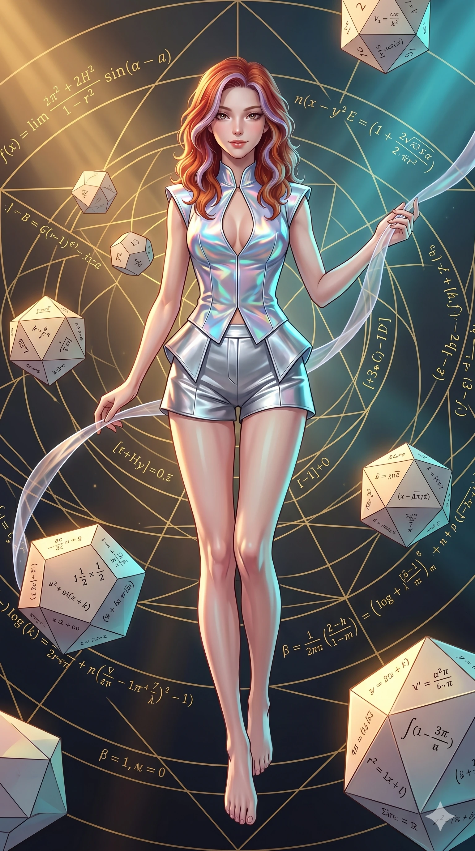 score_9, masterpiece, best quality, ultra-detailed, high-budget anime keyframe, Japanese woman. low angle full-body shot filling the entire 9:16 frame with her statuesque presence, stretching the vertical silhouette. floating gracefully in a mathematical mandala void filled with golden geometric lines of complex formulas, holding a translucent ribbon as she glides between floating regular polyhedrons. She has an absolutely perfect 8-heads proportion, an exceptionally tall and slender female figure with impossibly long slender legs and an ultra-slim waist. V-shaped jawline, high-bridge nose, intricate jewel-like eyes with depth, thick eyelashes, glossy lips with a natural sheen.. wearing a holographic liquid silk vest and silver metallic tailored tailored mini shorts, featuring a keyhole cutout and architectural silhouette. showcasing a beautiful play of light and shadow, with warm golden rays clashing against cool cyan highlights. 2k, ultra detail, master piece, 9:16 ratio
