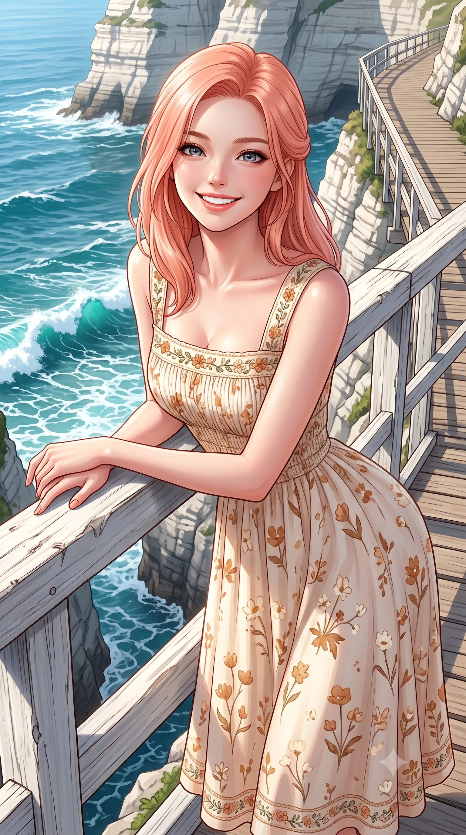 score_9, masterpiece, best quality, ultra-detailed, high-budget anime keyframe, semi-realistic 3D game render, editorial fashion photography, tasteful artistic composition, Japanese woman. close-up cowboy shot from the waist and thighs up, the character dominates the composition, filling the frame with her large presence. radiating a joyful bright smile with sparkling jewel-like eyes and pure charming energy, leaning forward with playful grace while leaning against a rustic white wooden railing above crashing ocean waves, her smile as bright as the summer sun. The surrounding environment is rendered in vivid detail and crisp panoramic clarity. crisp turquoise seafoam crests, dramatic white cliff strata, and wooden coastal walkway planks in sharp focus. She has an exceptionally elegant, slender, and willowy female figure with an ultra-slim waist, a gracefully sculpted slender torso, toned flat midriff, and a refined slim silhouette. sharp v-shaped jawline, high-bridge nose, intricate jewel-like eyes with depth, thick eyelashes, glossy lips with a natural sheen, pure and lovely fresh girlhood expression, flawlessly proportioned anatomical accuracy, strict slender model proportions, natural body alignment, perfectly sculpted long slender limbs, ultra-slim waistline, clean dynamic posture without body distortion. wearing a sweet square-neck smocked midi dress decorated with delicate wildflower patterns in warm caramel and cream vanilla, made of fine lightweight chiffon with a soft fluid drape, complemented by subtle floral embroidery along the neckline and hem, the tailored casual silhouette highlighting her fresh and youthful presence and perfectly proportioned slender frame. illuminated by crisp directional daylight defining her flawless features and slender silhouette. highly saturated vibrant anime colors, detailed shading with soft gradients, rich glossy textures, high-contrast stereoscopic depth, volumetric dynamic lighting, master piece, 9:16 ratio