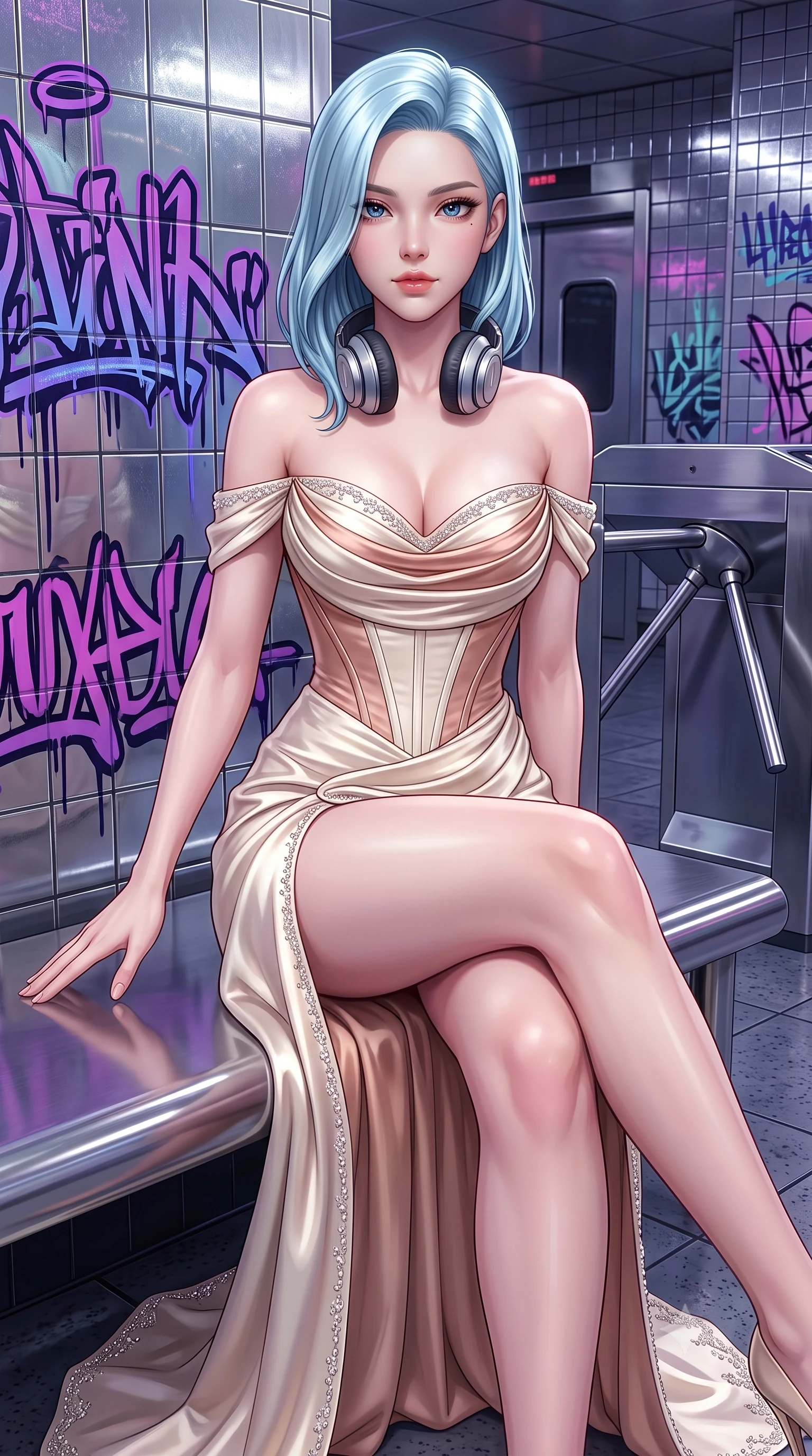 score_9, masterpiece, best quality, ultra-detailed, high-budget anime keyframe, semi-realistic 3D game render, editorial fashion photography, tasteful artistic composition, Korean woman. close-up cowboy shot from the waist and thighs up, the character dominates the composition, filling the frame with her large presence. extending one slender arm gracefully toward the foreground while casting an affectionate, mesmerizing glance while sitting casually on a stainless steel station bench with legs crossed, headphones around her neck, looking directly into the lens. The surrounding environment is rendered in vivid detail and crisp panoramic clarity. intricate ultraviolet graffiti lettering, reflective tiled walls, and metallic turnstile textures in deep focus. She has an exceptionally elegant, slender, and willowy female figure with an ultra-slim waist, a gracefully sculpted slender torso, toned flat midriff, and a refined slim silhouette. sharp v-shaped jawline, high-bridge nose, intricate jewel-like eyes with depth, thick eyelashes, glossy lips with a natural sheen, captivating and magnetic expression, flawlessly proportioned anatomical accuracy, strict slender model proportions, natural body alignment, perfectly sculpted long slender limbs, ultra-slim waistline, clean dynamic posture without body distortion. wearing a statuesque off-shoulder champagne satin gala dress featuring a thigh-high side slit and draped corset bodice in champagne ivory and rose gold, tailored from ultra-smooth duchess satin with a pearlescent sheen, finished with delicate crystal embroidery along the neckline and hem, the form-contouring material adhering flawlessly to her sculpted flat midriff and slender torso, emphasizing her long leg lines and perfectly proportioned willowy build. surrounded by an edgy, electrifying, and irresistibly cool cyber-street idol aura. highly saturated vibrant anime colors, detailed shading with soft gradients, rich glossy textures, high-contrast stereoscopic depth, volumetric dynamic lighting, master piece, 9:16 ratio