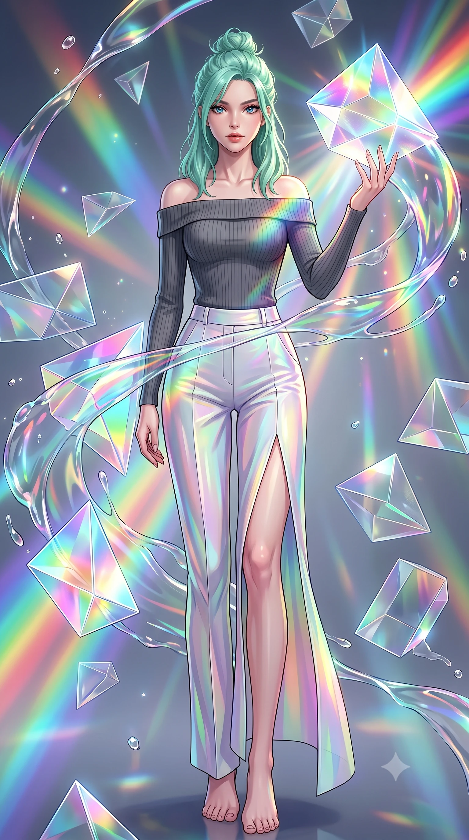 score_9, masterpiece, best quality, ultra-detailed, high-budget anime keyframe, editorial fashion photography, tasteful artistic composition, Japanese woman. low angle full-body shot from head to toe showing her feet, filling the entire 9:16 vertical frame with her statuesque presence, stretching her vertical silhouette. interacting gracefully with the magical floating elements while maintaining a confident posture interacting with floating glass prisms that refract liquid light into rainbows, translucent liquid acrylic trails creating dynamic motion paths. She has an absolutely perfect, statuesque 8.5-heads proportion, an exceptionally tall and slender model-like female figure with impossibly long slender legs and an ultra-slim waist. sharp v-shaped jawline, high-bridge nose, intricate jewel-like eyes with depth, thick eyelashes, glossy lips with a natural sheen. wearing a sleek off-shoulder ribbed knit top paired with high-waist tailored pants in charcoal grey and platinum, crafted from iridescent chiffon that shifts colors in the light, finished with a sleek side slit ascending to mid-thigh, the elegant draped fit framing her graceful clavicle and slender torso. illuminated by brilliant multi-color rainbow light refracting through glass. highly saturated vibrant anime colors, detailed shading with soft gradients, rich glossy textures, high-contrast stereoscopic depth, volumetric dynamic lighting, master piece, 9:16 ratio