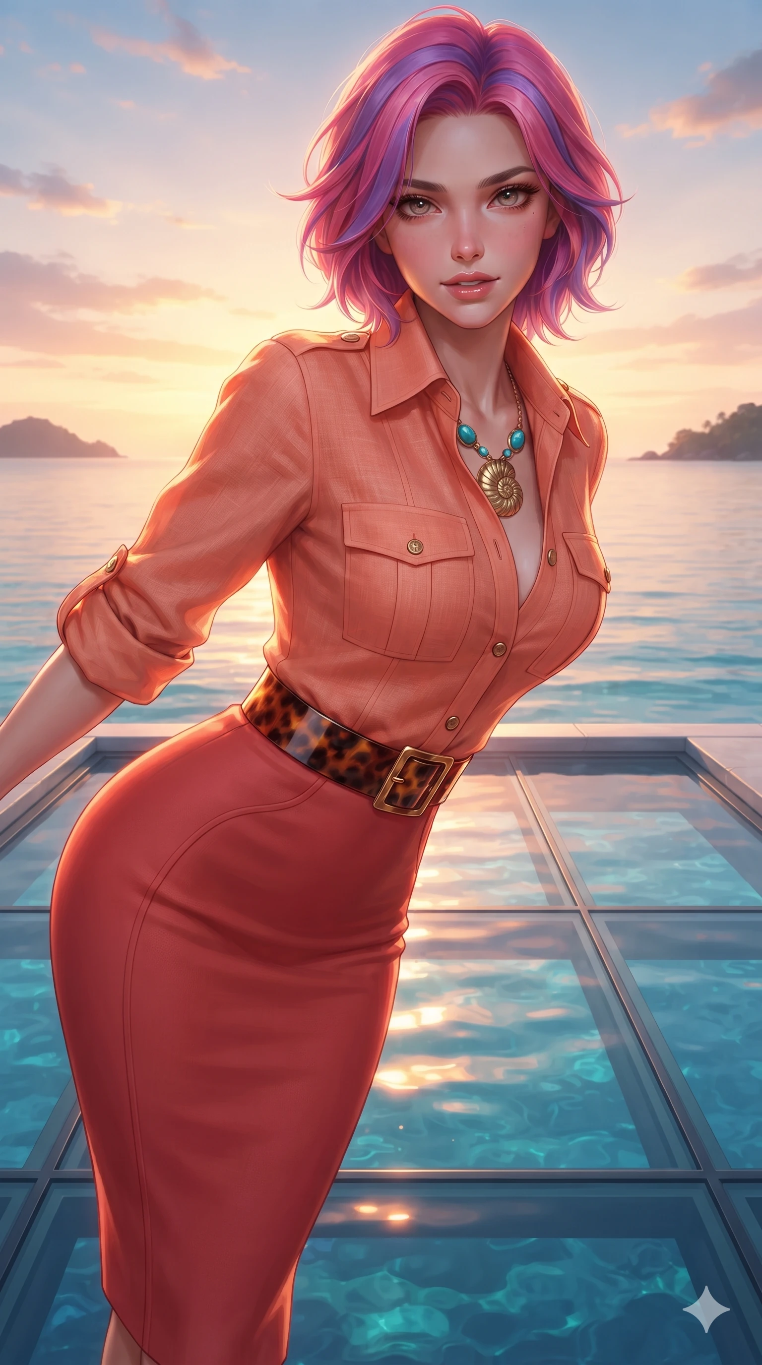 score_9, masterpiece, best quality, ultra-detailed, high-budget anime keyframe, editorial fashion photography, tasteful artistic composition, Caucasian woman. close-up cowboy shot from the waist and thighs up, the character dominates the composition, filling the frame with her large presence. leaning forward while arching her lower back to accentuate her curvy hips, looking into the camera with an intoxicating smoldering gaze and bedroom-eyes while twisting her slender torso in an alluring S-curve above the sea void, glowing sunset pool reflections tracing her flat midriff and hourglass curves through the glass floor. The surrounding environment is rendered in vivid detail and crisp panoramic clarity: sharp glass floor structural seams, water surface meniscus clarity, and crisp distant island silhouettes in deep focus. She has an exceptionally elegant, slender, and willowy female figure with an ultra-slim waist, flat toned midriff, narrow ribcage, and sculpted feminine hips creating an alluring, slim hourglass silhouette without bulk. sharp v-shaped jawline, high-bridge nose, sparkling eyes with hypnotic seductive depth, thick curled eyelashes, glossy parted lips with a natural dewy peach sheen, alluring bedroom-eyes with an enchanting coquettish smile, exuding magnetic siren charisma and sophisticated glamour, flawlessly proportioned anatomical accuracy, strict slender model proportions, natural body alignment, perfectly sculpted long slender limbs, ultra-slim waistline, clean dynamic posture without body distortion. wearing a refined long-sleeve linen safari shirt dress with structured tortoise belt and rolled sleeves in blazing sunset peach and deep coral crimson, tailored from second-skin technical compression neoprene with athletic curve-sculpting stretch, accented with an authentic engraved gold nautilus shell medallion and turquoise cabochons, the bespoke structured tailoring following the natural line of her 8.5-heads silhouette with refined elegance. illuminated by pool water bottom bounce and sharp gold-cyan rim lights defining her razor-sharp jawline, narrow waist, and curvy hips. ultra-reflective glossy finish, specular highlights, rich textural contrasts, high-contrast stereoscopic depth, volumetric dynamic lighting, 2k, ultra detail, master piece, 9:16 ratio