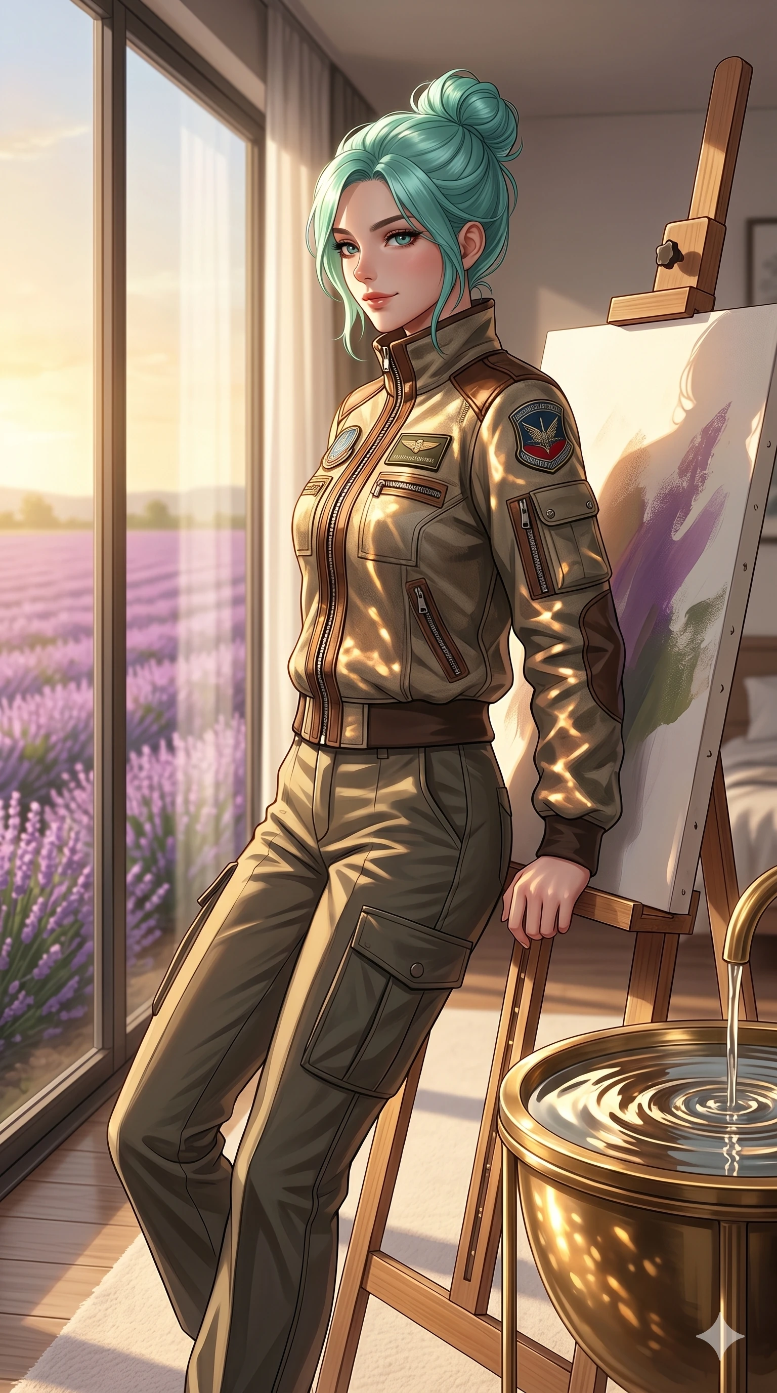 score_9, masterpiece, best quality, ultra-detailed, high-budget anime keyframe, editorial fashion photography, tasteful artistic composition, Japanese woman. cowboy shot from the thighs up, character and outfit filling the frame for maximum editorial presence. leaning against an easel, looking over her shoulder with a magnetic half-smile inside a sunlit private bedroom overlooking a field of lavender (Code-P17-067). She has an absolutely perfect 8-heads proportion, an exceptionally tall and slender female figure with impossibly long slender legs and an ultra-slim waist. V-shaped jawline, high-bridge nose, intricate jewel-like eyes with depth, thick eyelashes, glossy lips with a natural sheen. wearing a high-neck long-sleeved flight jacket over trousers. warm afternoon sunbeams reflecting off the water ripples, tracing her athletic build. 2k, ultra detail, master piece, 9:16 ratio