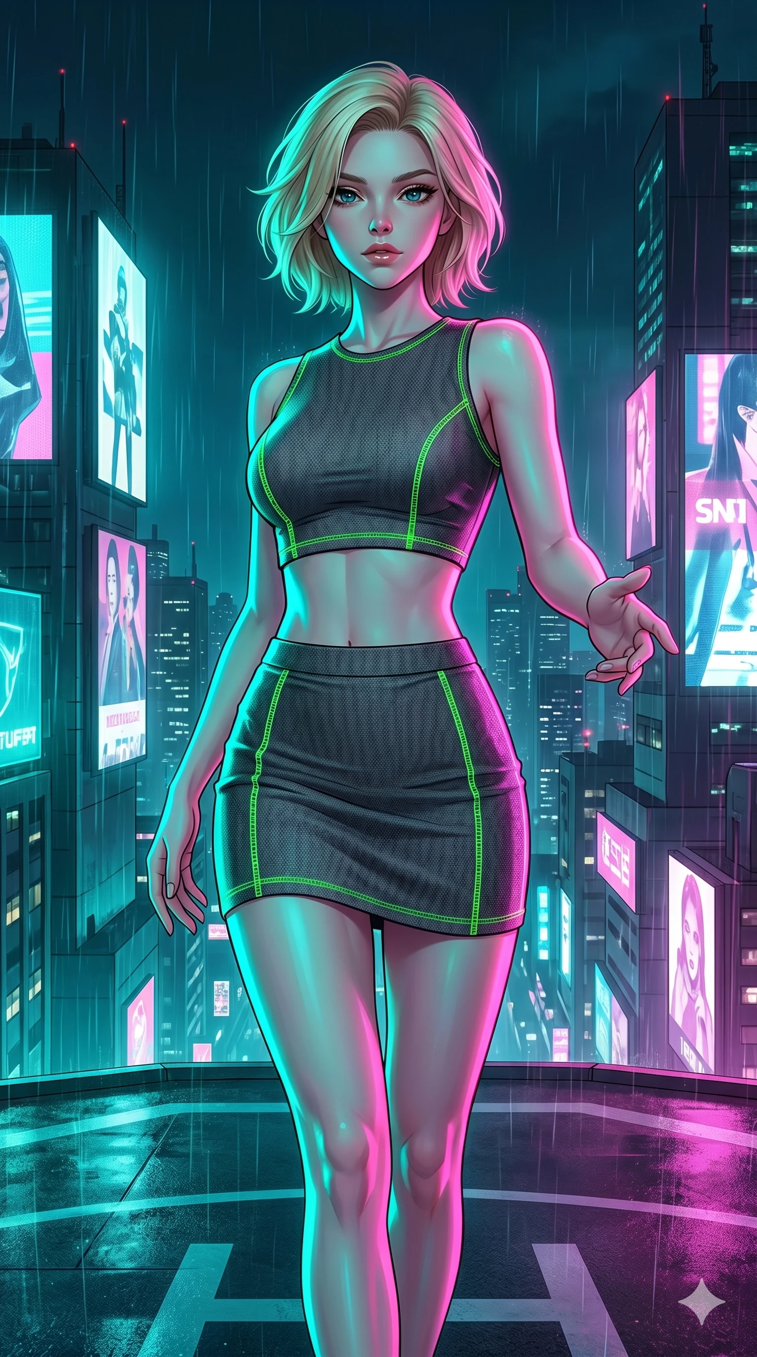 score_9, masterpiece, best quality, ultra-detailed, high-budget anime keyframe, editorial fashion photography, tasteful artistic composition, Caucasian woman, strictly human ears. cowboy shot from the thighs up, character and outfit filling the frame for maximum editorial presence. Reaching one hand toward the viewer with relaxed elegance atop a high-rise helipad overlooking a rainy cyber-city illuminated by giant video billboards. She has an absolutely perfect 8-heads proportion, an exceptionally tall and slender female figure with impossibly long slender legs and an ultra-slim waist. V-shaped jawline, high-bridge nose, intricate jewel-like eyes with depth, thick eyelashes, glossy lips with a natural sheen. wearing a fitted crop top and matching mini skirt in charcoal grey tech-knit, featuring glowing neon-green flatlock stitching along all seams. under intense neon teal and magenta split-lighting creating vivid chromatic contrast on her figure. 2k, ultra detail, master piece, 9:16 ratio