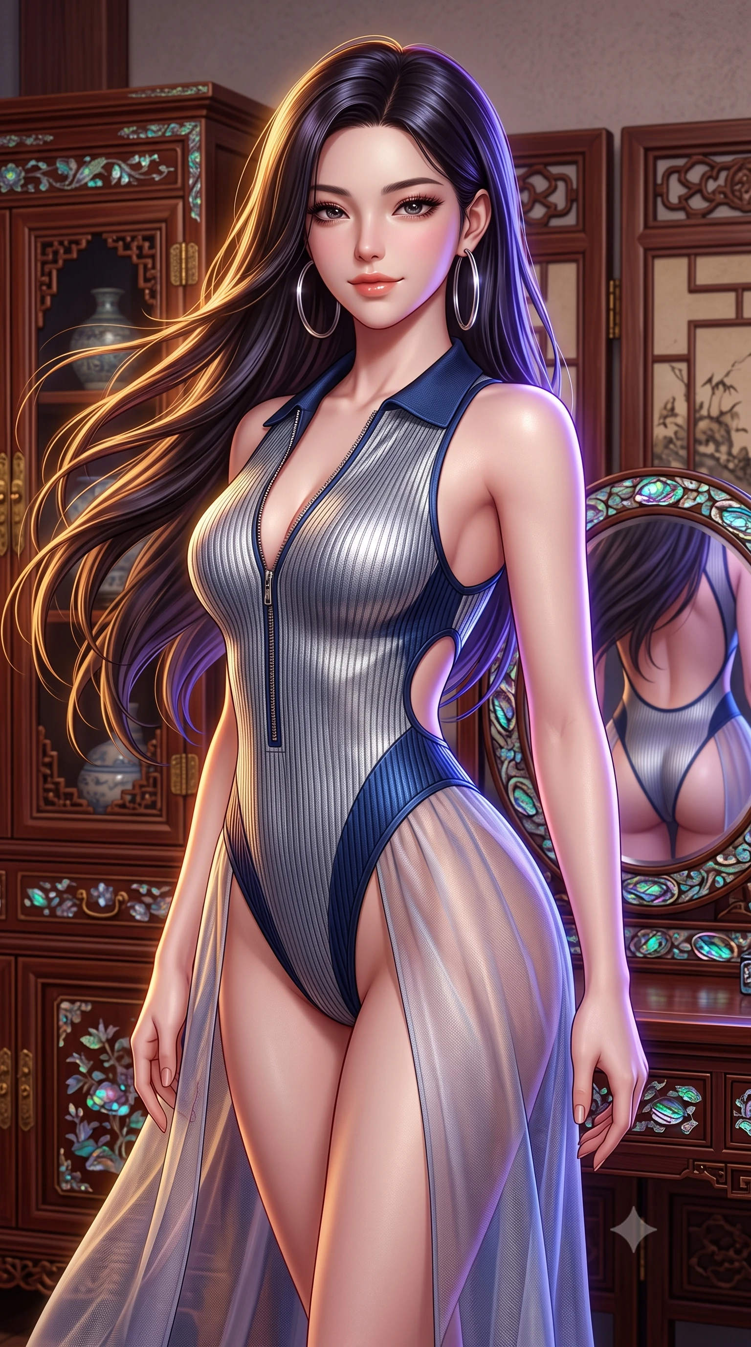 score_9, masterpiece, best quality, ultra-detailed, high-budget anime keyframe, semi-realistic 3D game render, editorial fashion photography, tasteful artistic composition, Korean woman. close-up cowboy shot from the waist and thighs up, the character dominates the composition, filling the frame with her large presence. turning slowly with an enchanting smoldering smile, her glossy hair tossing in the breeze as her hips angle gracefully in a captivating contrapposto while twisting her slender torso in an alluring S-curve, iridescent abalone shell inlays mirroring her narrow waist and rounded hips. The surrounding environment is rendered in vivid detail and crisp panoramic clarity: detailed semi-sheer fabric weave, glistening lip gloss sheen, and historic imperial furniture craftsmanship in razor-sharp resolution. She has an exceptionally elegant, slender, and willowy female figure with an ultra-slim waist, flat toned midriff, narrow ribcage, and sculpted feminine hips creating an alluring, slim hourglass silhouette without bulk. sharp v-shaped jawline, high-bridge nose, sparkling eyes with hypnotic seductive depth, thick curled eyelashes, glossy parted lips with a natural dewy peach sheen, alluring bedroom-eyes with an enchanting coquettish smile, exuding magnetic siren charisma and sophisticated glamour, flawlessly proportioned anatomical accuracy, strict slender model proportions, natural body alignment, perfectly sculpted long slender limbs, ultra-slim waistline, clean dynamic posture without body distortion. wearing a retro-chic ribbed knit polo bodysuit with a plunging front zipper and high-cut leg openings in metallic liquid silver and deep sapphire navy, made of sheer gossamer chiffon that drapes softly against skin with airy translucence, accented with oversized polished chrome hoop earrings catching the ambient neon glow, the precision-cut side openings and low-back scoop framing her graceful spine and the sensual sweep of her slim, toned hips. illuminated by lacquer specular highlights and sharp warm-gold rim lights defining her razor-sharp jawline, narrow waist, and curvy hips. highly saturated vibrant anime colors, detailed shading with soft gradients, rich glossy textures, high-contrast stereoscopic depth, volumetric dynamic lighting, master piece, 9:16 ratio