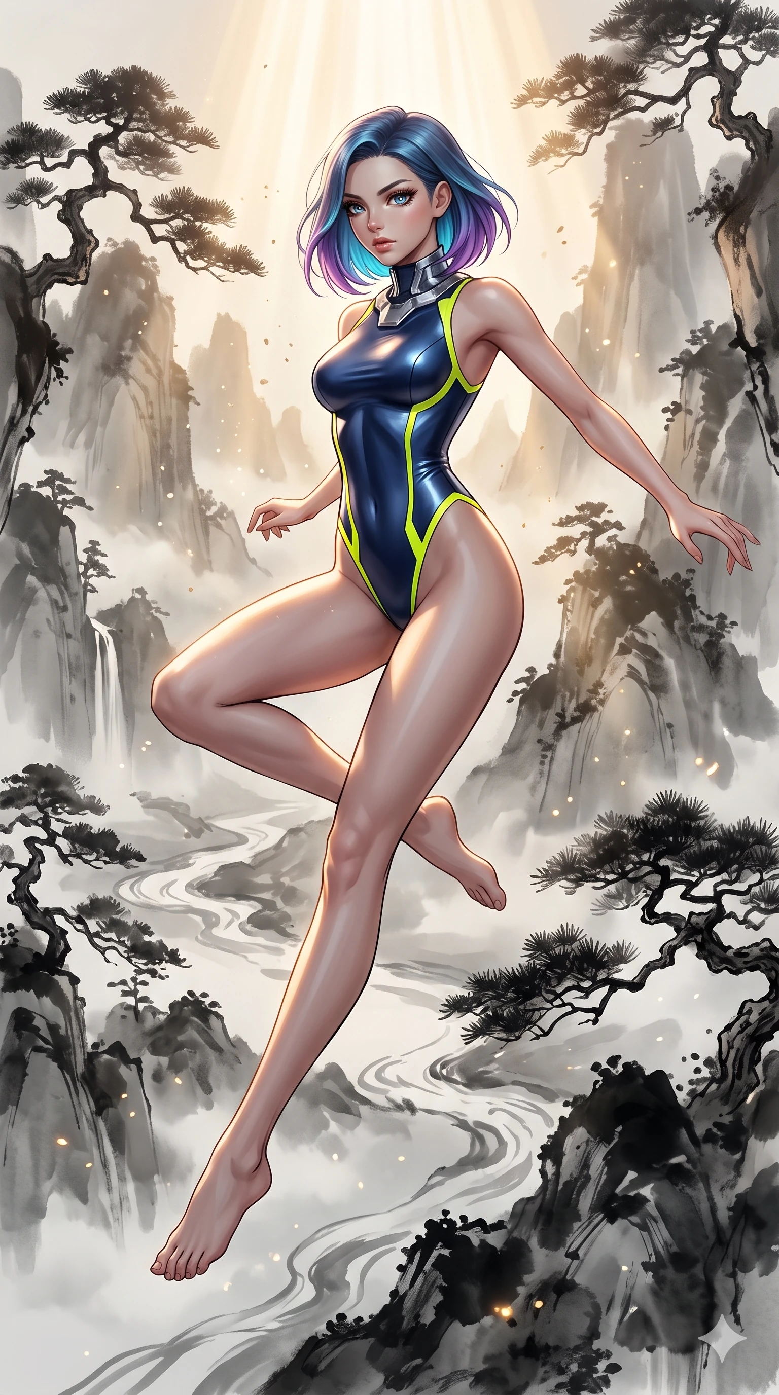 score_9, masterpiece, best quality, ultra-detailed, high-budget anime keyframe, editorial fashion photography, tasteful artistic composition, Caucasian woman, strictly human ears. low angle full-body shot from head to toe showing her feet, filling the entire 9:16 vertical frame with her statuesque presence, stretching her vertical silhouette. vaulting dynamically through suspended inside a three-dimensional Chinese ink wash painting where misty monochrome mountains streams and pine trees float in mid-air rendered in translucent gradations of black ink. She has a statuesque 8.5-heads proportion, an exceptionally tall, slender and willowy model-like build with impossibly long legs and a highly sculpted ultra-slim waist. sharp v-shaped jawline, high-bridge nose, intricate jewel-like eyes with depth, thick eyelashes, glossy lips with a natural sheen. wearing a one-piece swimsuit-style bodysuit in metallic navy with neon yellow trim, featuring high-cut legs and a chrome collar attachment. golden hour sunlight streaming in warm shafts with floating dust particles catching the light. 2k, ultra detail, master piece, 9:16 ratio