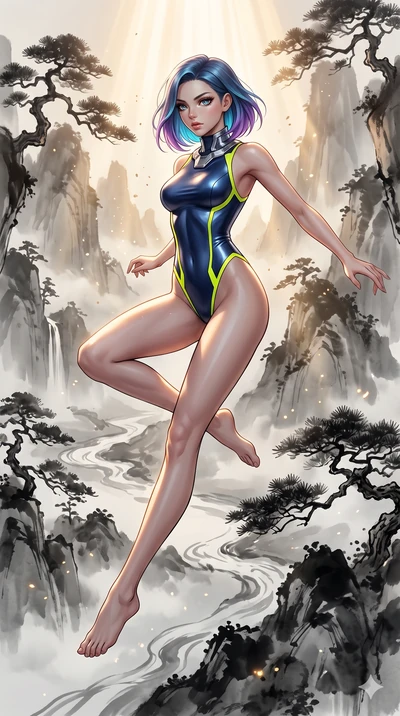 score_9, masterpiece, best quality, ultra-detailed, high-budget anime keyframe, editorial fashion photography, tasteful artistic composition, Caucasian woman, strictly human ears. low angle full-body shot from head to toe showing her feet, filling th