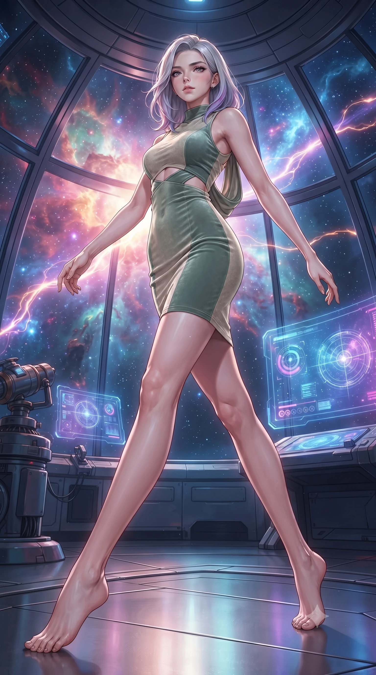 score_9, masterpiece, best quality, ultra-detailed, high-budget anime keyframe, editorial fashion photography, tasteful artistic composition, Caucasian woman. low angle full-body shot from head to toe showing her feet, filling the entire 9:16 vertical frame with her statuesque presence, stretching her vertical silhouette. leaping gracefully through the environment with statuesque elegance and long slender legs standing inside a high-tech observatory with panoramic glass views of a nebula, glowing plasma arcs pulsating rhythmically in the background. She has an absolutely perfect, statuesque 8.5-heads proportion, an exceptionally tall and slender model-like female figure with impossibly long slender legs and an ultra-slim waist. sharp v-shaped jawline, high-bridge nose, intricate jewel-like eyes with depth, thick eyelashes, glossy lips with a natural sheen. wearing a precision-fitted liquid jersey bodycon dress with a draped back in sage green and oatmeal, made of premium stretch velvet with a rich sheen, featuring subtle geometric cutouts that highlight her ultra-slim midriff, the elegant draped fit framing her graceful clavicle and slender torso. illuminated by radiant cosmic nebula light and glowing holographic displays. highly saturated vibrant anime colors, detailed shading with soft gradients, rich glossy textures, high-contrast stereoscopic depth, volumetric dynamic lighting, master piece, 9:16 ratio