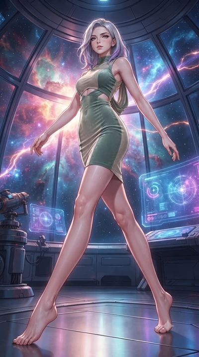 score_9, masterpiece, best quality, ultra-detailed, high-budget anime keyframe, editorial fashion photography, tasteful artistic composition, Caucasian woman. low angle full-body shot from head to toe showing her feet, filling the entire 9:16 vertica