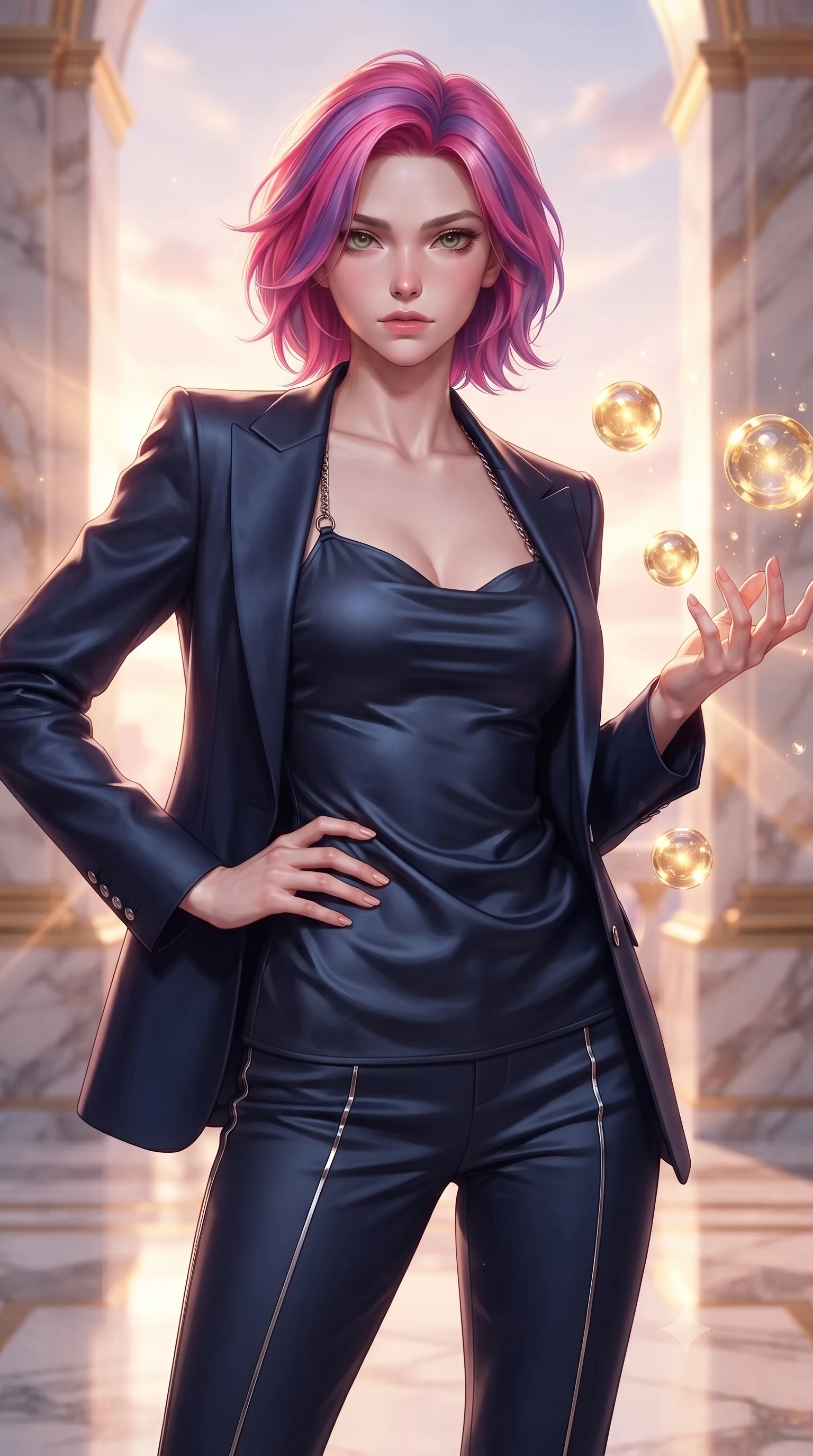 score_9, masterpiece, best quality, ultra-detailed, high-budget anime keyframe, editorial fashion photography, tasteful artistic composition, Caucasian woman. close-up cowboy shot from the waist and thighs up, the character dominates the composition, filling the frame with her large presence, background elements kept in soft focus. Holding a confident power pose with one hand on her hip, gazing directly into the camera with quiet intensity interacting with floating golden water Orbs in a cloudtop palace court, soft rose-gold and amber sunset light reflecting off polished marble. She has an exceptionally elegant, slender, and willowy female figure with an ultra-slim waist, a gracefully sculpted slender torso, and a refined silhouette. sharp v-shaped jawline, high-bridge nose, intricate jewel-like eyes with depth, thick eyelashes, glossy lips with a natural sheen. wearing a tailored silk blazer over a form-contouring top and fitted slacks in midnight navy blue and chrome trim, crafted from lustrous satin jersey with fluid draping, adorned with delicate metallic chain straps along the neckline, the form-contouring material highlighting her ultra-slim waist and long lines. surrounded by a bright, luxurious aura of warm sunshine and sky reflections. highly saturated vibrant anime colors, detailed shading with soft gradients, rich glossy textures, high-contrast stereoscopic depth, volumetric dynamic lighting, master piece, 9:16 ratio
