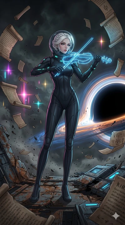 score_9, masterpiece, best quality, ultra-detailed, Set A: High-budget Anime Keyframe, Japanese woman. Low angle cowboy shot filling the entire 9:16 frame with her statuesque presence. Theme: Urban Decay. playing a holographic violin in the edge of a