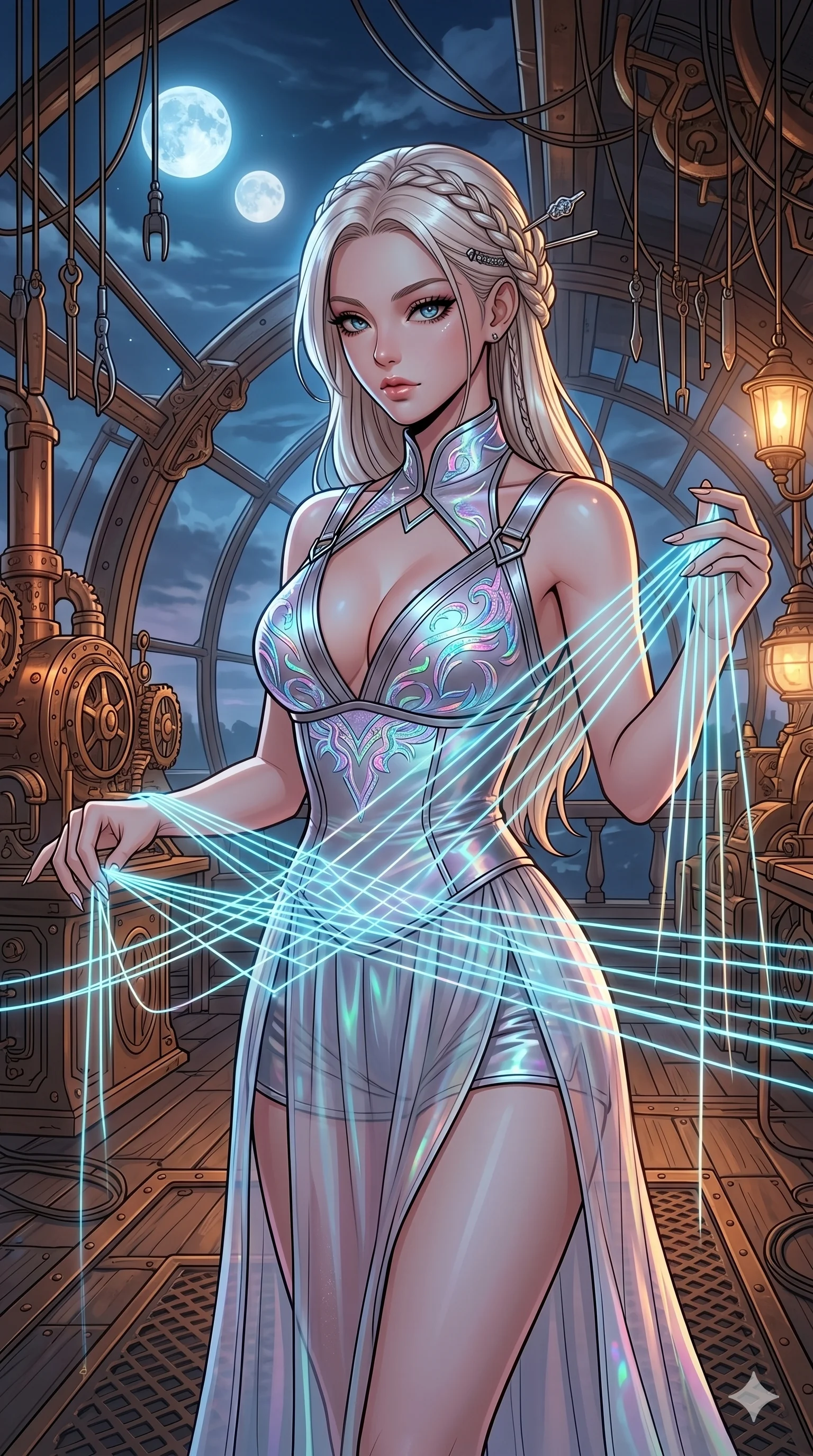 score_9, masterpiece, best quality, ultra-detailed, high-budget anime movie keyframe, cinematic anime lighting, intricate line art, Korean woman. Upper body filling screen focusing on her alluring features and slim-fit silhouette. weaving threads of light in a steampunk airship deck under a twin-moon sky. She has an absolutely perfect 8-heads proportion, an exceptionally tall and slender female figure with an ultra-slim waist and impossibly long slender legs. sharp v-shaped jawline, high-bridge nose, intricate jewel-like eyes, thick eyelashes, glossy lips. Wearing modernized deep-plunging silk hanbok-fusion with metallic straps, a high-slit sheer skirt over micro-shorts, and holographic embroidered patterns. The scene is illuminated by dramatic atmospheric lighting and vibrant color palettes. , 2k, ultra detail, master piece, 9:16 ratio