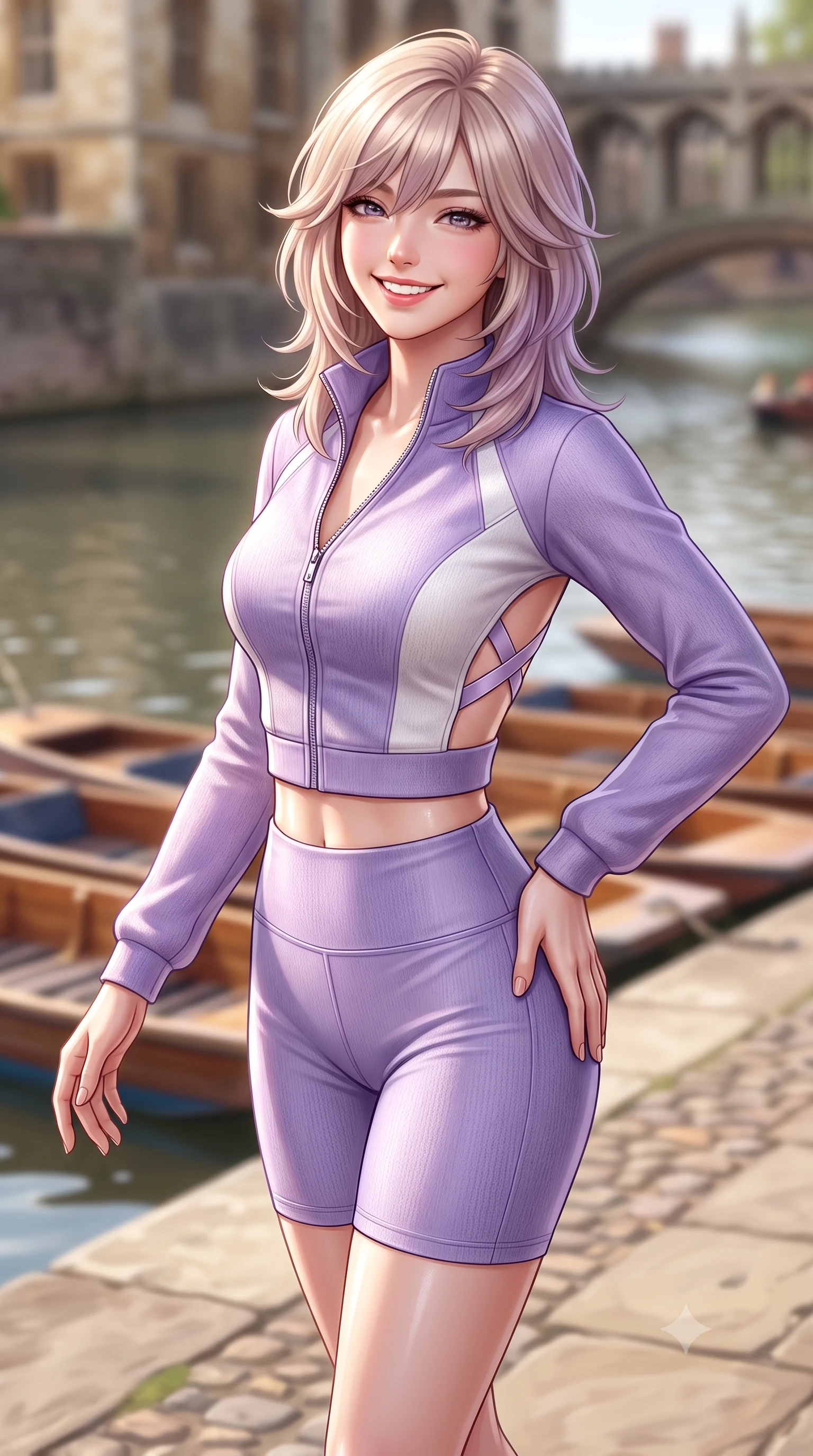 score_9, masterpiece, best quality, ultra-detailed, high-budget anime keyframe, semi-realistic 3D game render, editorial fashion photography, tasteful artistic composition, Japanese woman. close-up cowboy shot from the waist and thighs up, the character dominates the composition, filling the frame with her large presence. tilting her head with a cute beaming smile while arching her spine with effortless dancer poise, one hand sliding along her hip line in a flirtatious S-curve while walking gracefully down the stone collegiate path, her tailored chic outfit highlighting her narrow waist and feminine hips in the English sun. The composition keeps background elements in soft focus with dreamy creamy bokeh. wooden punting boats and historic stone quads softened in nostalgic collegiate shallow focus. She has an exceptionally elegant, slender, and willowy female figure with an ultra-slim waist, flat toned midriff, narrow ribcage, and sculpted feminine hips creating an alluring, slim hourglass silhouette without bulk. sharp v-shaped jawline, high-bridge nose, intricate jewel-like sparkling eyes with depth, thick eyelashes, glossy parted lips with a natural peach sheen, bright cheerful beaming smile with an enchanting and coquettish sensual glint, exuding both youthful cute charm and seductive allure, flawlessly proportioned anatomical accuracy, strict slender model proportions, natural body alignment, perfectly sculpted long slender limbs, ultra-slim waistline, clean dynamic posture without body distortion. wearing a sporty chic zip-up crop jacket paired with high-waisted biker shorts clinging to her athletic hips in delicate lavender violet and pearlescent white, crafted from soft cozy cashmere yarn with an airy drape, finished with criss-cross back satin straps highlighting her graceful shoulder blades, the precision-cut side openings and low-back scoop framing her graceful spine and the sensual sweep of her slim, toned hips. illuminated by calm river water specular reflections accentuating her sculpted collarbones, ultra-slim waist, and curvy hips. highly saturated vibrant anime colors, detailed shading with soft gradients, rich glossy textures, high-contrast stereoscopic depth, volumetric dynamic lighting, master piece, 9:16 ratio