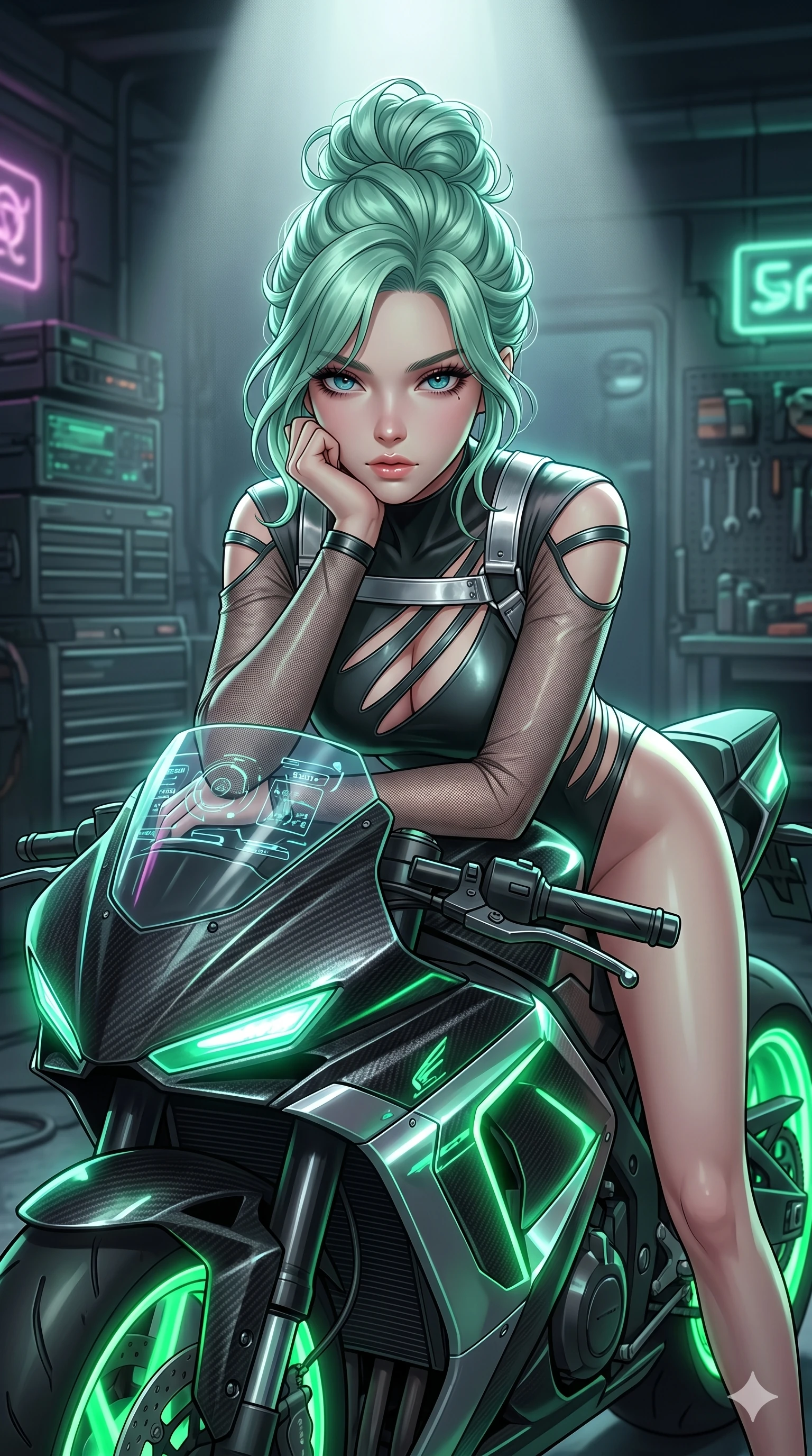 score_9, masterpiece, best quality, ultra-detailed, high-budget anime keyframe, Japanese woman. Upper body close-up from the thighs up, character filling the screen for maximum presence. She is leaning over a sleek, glowing holographic cyberpunk motorcycle. She rests her chin on the handlebars, looking directly at the camera with an intense, sultry gaze. She has an absolutely perfect 8-heads proportion, an exceptionally tall and slender female figure with impossibly long slender legs and an ultra-slim waist. V-shaped jawline, high-bridge nose, intricate jewel-like eyes with depth, thick eyelashes, glossy lips with a natural sheen. She is wearing an ultra-sleek high-cut tech-bodysuit featuring dangerous diagonal slitted cutouts on the midriff and shoulders, reinforced by a metallic silver harness and sheer mesh sleeves. The scene is lit by the neon green wheels of the bike and a bright overhead studio spotlight. 2k, ultra detail, master piece, 9:16 ratio