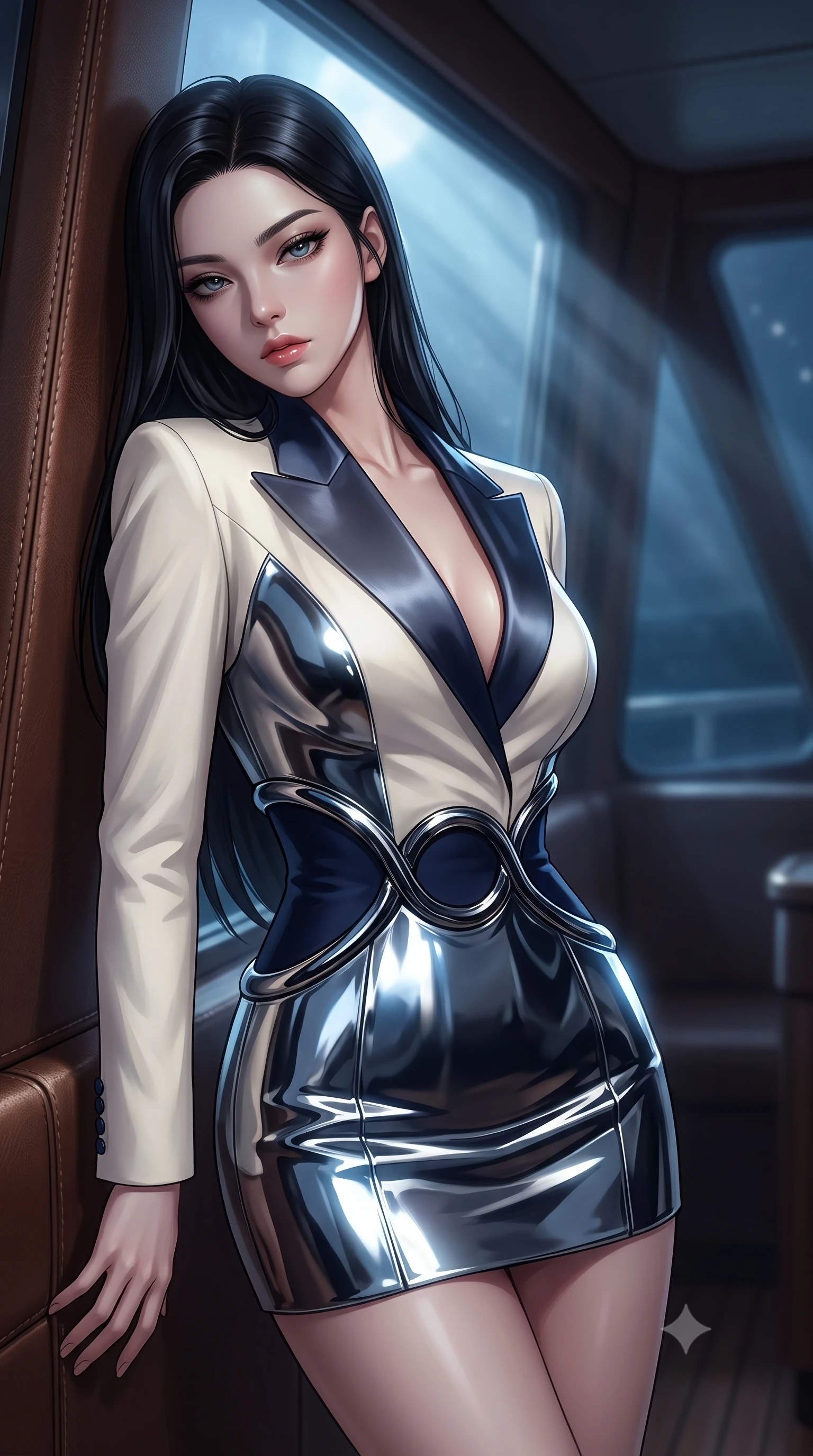 score_9, masterpiece, best quality, ultra-detailed, high-budget anime keyframe, editorial fashion photography, tasteful artistic composition, Korean woman. close-up cowboy shot from the waist and thighs up, the character dominates the composition, filling the frame with her large presence, background elements kept in soft focus. Casting a slow, direct gaze beneath heavy lashes with quiet intensity, resting against a leather-wrapped bulkhead as moonlight streams into the cabin, cold silver moonbeams penetrating glass windows and casting sharp metallic reflections. She has an exceptionally elegant, slender, and willowy female figure with an ultra-slim waist, a gracefully sculpted slender torso, and a refined silhouette. sharp v-shaped jawline, high-bridge nose, intricate jewel-like eyes with depth, thick eyelashes, glossy lips with a natural sheen. wearing tailored ivory tux dress with satin lapels and fitted waist in midnight navy blue, made of sculpted obsidian metallic chrome, accented with sculpted obsidian chrome rings at the waist, accentuating her gracefully sculpted slender torso. lit by quiet moonlight key rays piercing through dark ocean air. highly saturated vibrant anime colors, detailed shading with soft gradients, rich glossy textures, high-contrast stereoscopic depth, volumetric dynamic lighting, master piece, 9:16 ratio