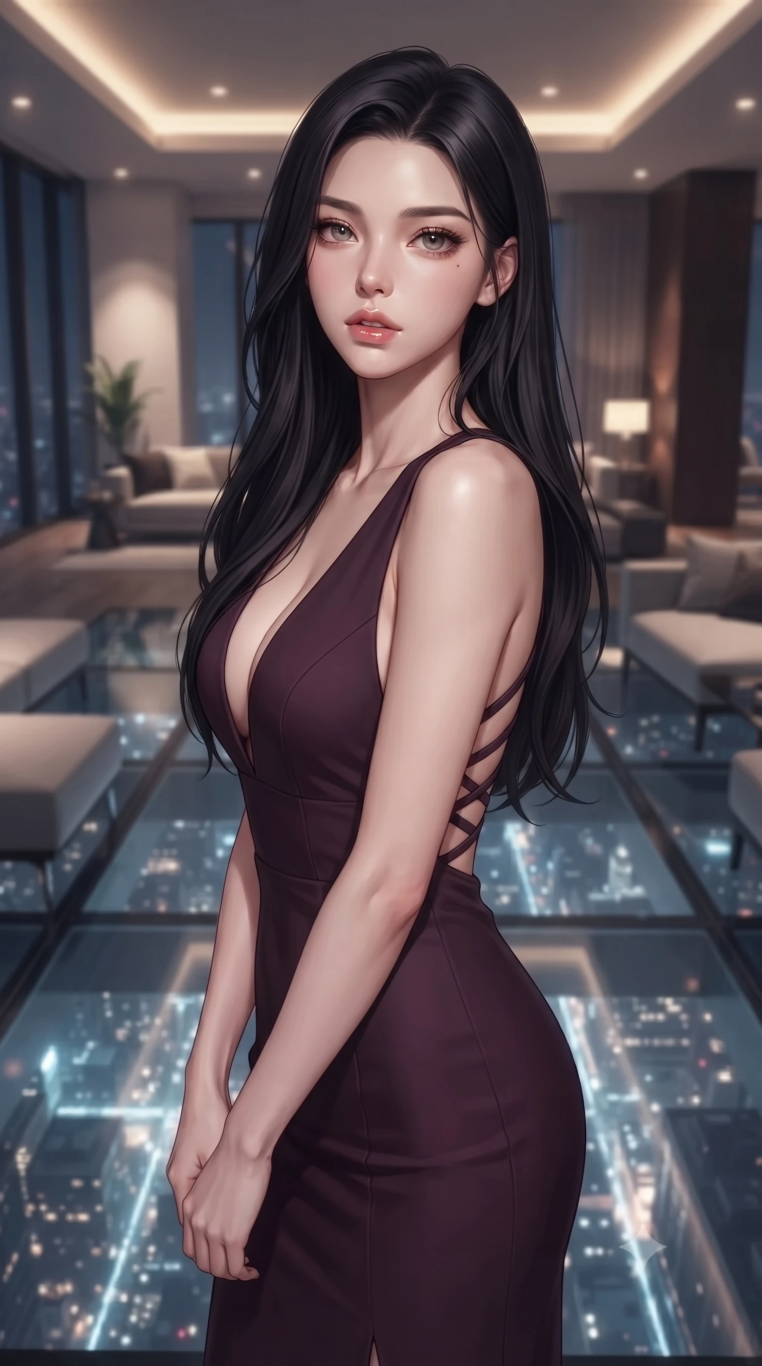 score_9, masterpiece, best quality, ultra-detailed, high-budget anime keyframe, editorial fashion photography, tasteful artistic composition, Korean woman. close-up cowboy shot from the waist and thighs up, the character dominates the composition, filling the frame with her large presence, background elements kept in soft focus. Looking directly at the camera with a bold fearless expression and parted lips. set against a soft-focus background of a luxury lounge with transparent glass floors one hundred stories up revealing the city far below like a living circuit board of twinkling lights with sleek modern furniture floating above the void. She has an exceptionally elegant and slender, willowy female figure with an ultra-slim waist, a gracefully sculpted slender torso, and a refined slim physique. sharp v-shaped jawline, high-bridge nose, intricate jewel-like eyes with depth, thick eyelashes, glossy lips with a natural sheen. wearing a dark plum dress with a deep plunging V-neckline and a criss-cross strap back design. soft warm interior lounge lighting from recessed sources with the dramatic cold blue-white city grid glowing up through the transparent floor from far below. 2k, ultra detail, master piece, 9:16 ratio