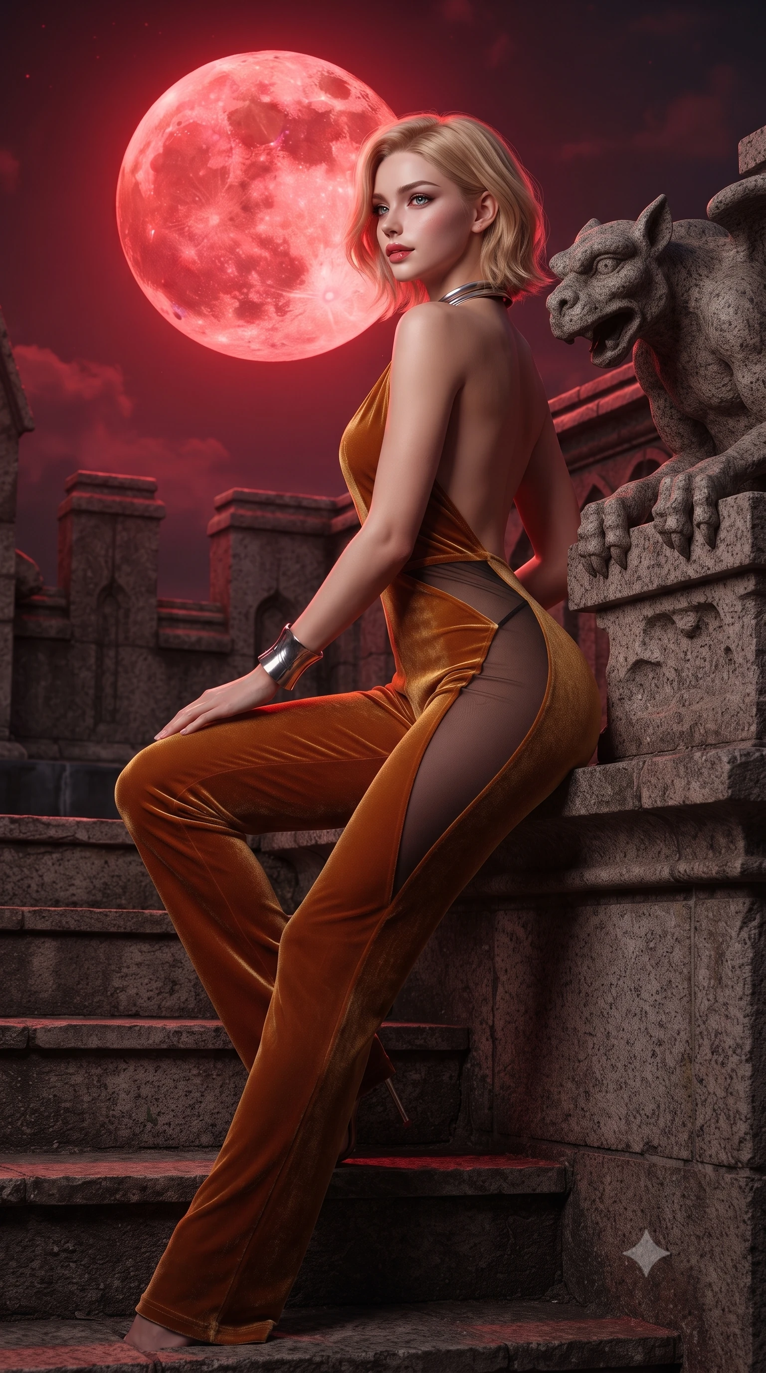 score_9, masterpiece, best quality, ultra-detailed, high-budget anime keyframe, editorial fashion photography, tasteful artistic composition, Caucasian woman. low angle full-body shot from head to toe showing her feet, filling the entire 9:16 vertical frame with her statuesque presence, stretching her vertical silhouette. sitting poised on the stone steps with one knee bent, arching her spine with supermodel elegance as she glances upward through thick eyelashes while leaning against the carved stone gargoyle parapet with hips cocked back, looking back toward the giant crimson moon with bedroom-eyes. The surrounding environment is rendered in vivid detail and crisp panoramic clarity: sharp weathered stone crenelations, carved granite gargoyle claws, and lunar crater surface details in deep focus. She has an absolutely perfect, statuesque 8.5-heads proportion, an exceptionally tall and slender model-like female figure with impossibly long slender legs, an ultra-slim waist, a flat toned midriff, narrow delicate ribcage, and beautifully sculpted feminine hips creating a graceful, slim hourglass silhouette without any bulky heaviness. sharp v-shaped jawline, high-bridge nose, sparkling eyes with hypnotic seductive depth, thick curled eyelashes, glossy parted lips with a natural dewy peach sheen, alluring bedroom-eyes with an enchanting coquettish smile, exuding magnetic siren charisma and sophisticated glamour, flawlessly proportioned anatomical accuracy, strict slender model proportions, natural body alignment, perfectly sculpted long slender limbs, ultra-slim waistline, clean dynamic posture without body distortion. wearing a backless plunge-front second-skin velvet jumpsuit with fluid tapered legs and sheer lace hip inserts in warm amber honey and antique gold leaf with dark shadow gradients, made of semi-opaque stretch illusion mesh with soft shadowy contours, finished with a sculptural silver torque collar and a matching wide architectural wrist cuff, the high-slit wrap tailoring accentuating her ultra-slim waistline and the enchanting curve of her feminine hips with alluring seductive charm. bathed in otherworldly crimson lunar illumination cascading directly from the giant blood moon. ultra-reflective glossy finish, specular highlights, rich textural contrasts, high-contrast stereoscopic depth, volumetric dynamic lighting, 2k, ultra detail, master piece, 9:16 ratio