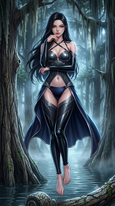 score_9, masterpiece, best quality, ultra-detailed, high-budget anime keyframe, semi-realistic 3D game render, editorial fashion photography, tasteful artistic composition, Korean woman. low angle full-body shot from head to toe showing her feet, fil