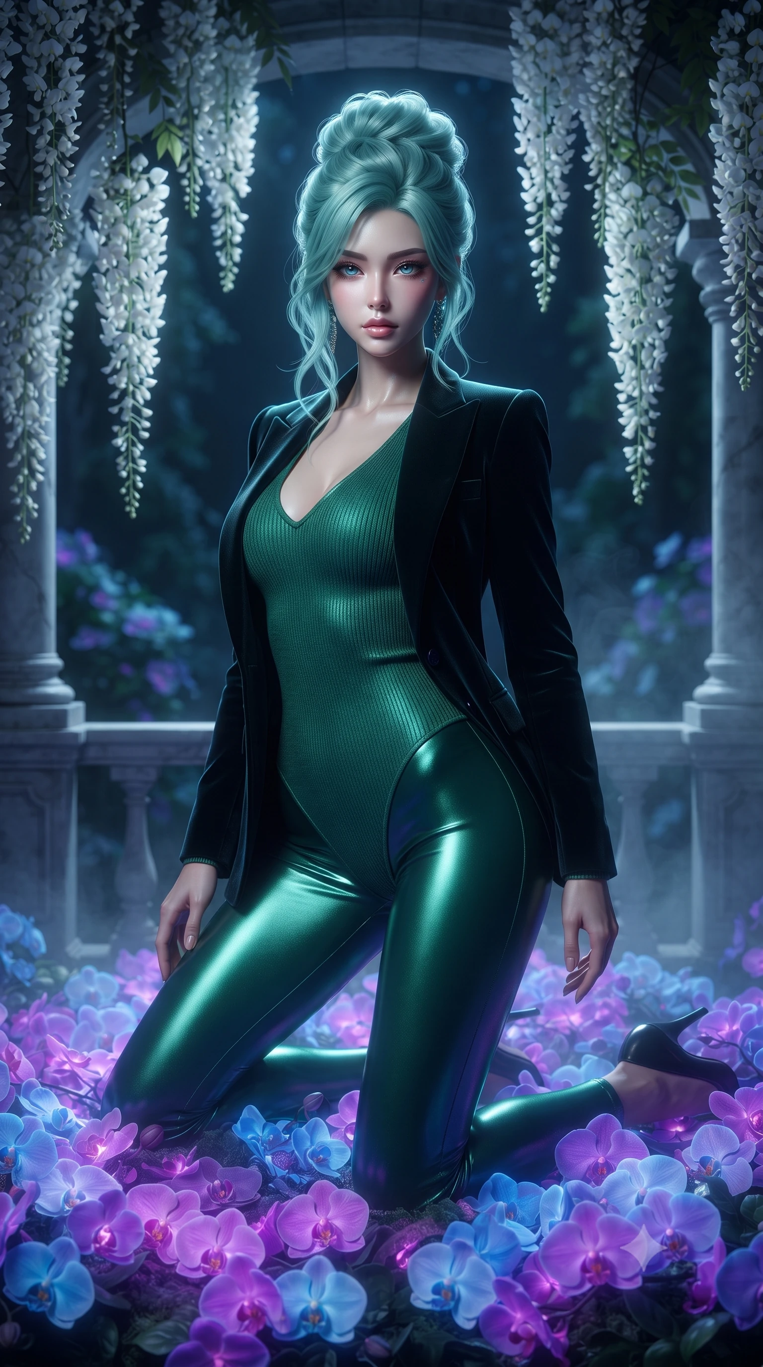 score_9, masterpiece, best quality, ultra-detailed, High-budget Anime Keyframe, editorial fashion photography, tasteful artistic composition, realistic cosplay photography, East Asian woman. Dynamic full-body shot stretching the vertical silhouette to the limit. Scenario 432: kneeling on a soft bed of glowing neon orchids under a quiet balcony surrounded by trailing white wisteria flowers. Her presence is magnetic and overpowering in this high-budget cinematic scene. Outfit 432: a slim-fit emerald green bodycon knit bodysuit layered under a structured velvet blazer. The clothing is designed to emphasize her exceptionally tall and slender 8-heads proportion. 8-heads proportion, towering silhouette, ultra-slim waist. sharp v-shaped jawline, intricate jewel-like eyes with depth, thick eyelashes, glossy lips. ultra-reflective glossy finish, specular highlights, metallic sheen, high-contrast stereoscopic depth, volumetric dynamic lighting, 2k, ultra detail, master piece, 9:16 ratio