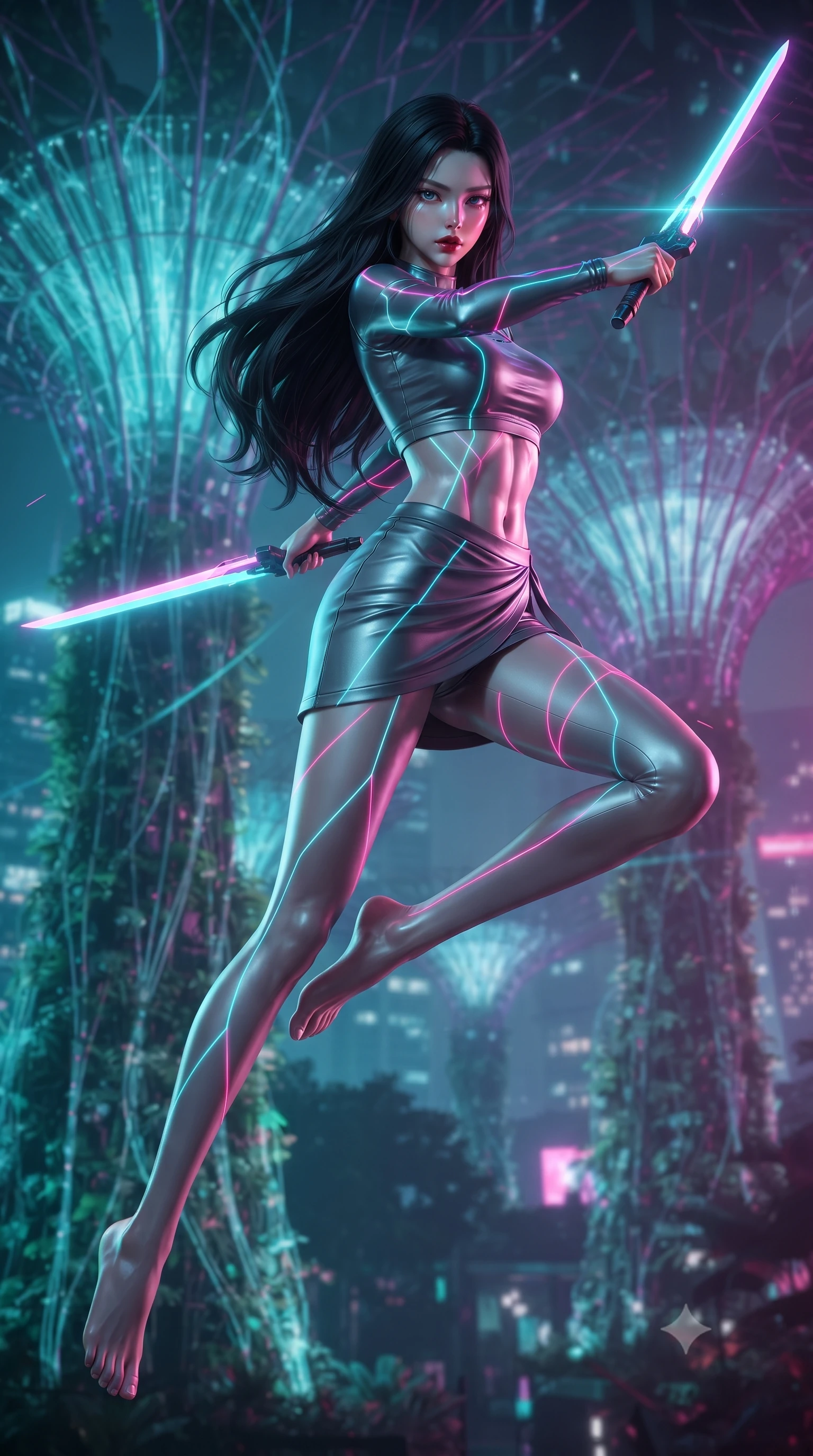 score_9, masterpiece, best quality, ultra-detailed, high-budget anime keyframe, editorial fashion photography, tasteful artistic composition, Korean woman. low angle full-body shot from head to toe showing her feet, filling the entire 9:16 vertical frame with her statuesque presence, stretching her vertical silhouette. leaping forward while slashing with a twin-bladed plasma sword in mid-air, her body-contouring suit showing her athletic silhouette, the background shows a soft-focus a neon-lit artificial tree grove with colossal banyan trees woven with wires. She has an absolutely perfect, statuesque 8.5-heads proportion, an exceptionally tall and slender model-like female figure with impossibly long slender legs and an ultra-slim waist. sharp v-shaped jawline, high-bridge nose, intricate jewel-like eyes with depth, thick eyelashes, glossy lips with a natural sheen. wearing a slim-fit summer-combat crop top and wrap skirt set in carbon-grey, showing her delicately sculpted midriff. bright cyan and magenta laser lines projecting neon patterns across her form. ultra-reflective glossy finish, specular highlights, metallic sheen, high-contrast stereoscopic depth, volumetric dynamic lighting, 2k, ultra detail, master piece, 9:16 ratio