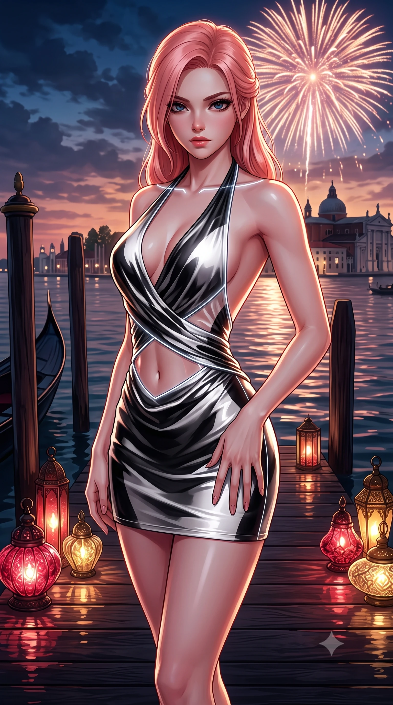 score_9, masterpiece, best quality, ultra-detailed, high-budget anime keyframe, semi-realistic 3D game render, editorial fashion photography, tasteful artistic composition, Japanese woman. close-up cowboy shot from the waist and thighs up, the character dominates the composition, filling the frame with her large presence. twisting her upper body in a dynamic S-curve with an alluring smolder, one hand trailing along her slender waist while standing with regal poise on a private palazzo water dock as Murano glass lanterns cast glowing ruby and gold reflections. The surrounding environment is rendered in vivid detail and crisp panoramic clarity. rich Venetian chiaroscuro and romantic European historic luxury rendered in panoramic precision. She has an exceptionally elegant, slender, and willowy female figure with an ultra-slim waist, a gracefully sculpted slender torso, toned flat midriff, and a refined slim silhouette. sharp v-shaped jawline, high-bridge nose, intricate jewel-like eyes with depth, thick eyelashes, glossy lips with a natural sheen, flawlessly proportioned anatomical accuracy, strict slender model proportions, natural body alignment, perfectly sculpted long slender limbs, ultra-slim waistline, clean dynamic posture without body distortion. wearing a form-contouring liquid satin halter-neck mini dress with a deep crossover cowl front, open back, and ultra-slender waist drape in high-gloss monochrome white and sharp black contrast, tailored from semi-translucent cybernetic vinyl with glowing micro-filaments, accented with glowing fiber-optic seams tracing her collarbones and hip curves, the precision-cut daring openings accentuating her delicate midriff, graceful bare collarbones, and ultra-slim feminine waistline. illuminated by dramatic firework rim lights sharply defining her ultra-slim waist and long legs. highly saturated vibrant anime colors, detailed shading with soft gradients, rich glossy textures, high-contrast stereoscopic depth, volumetric dynamic lighting, master piece, 9:16 ratio