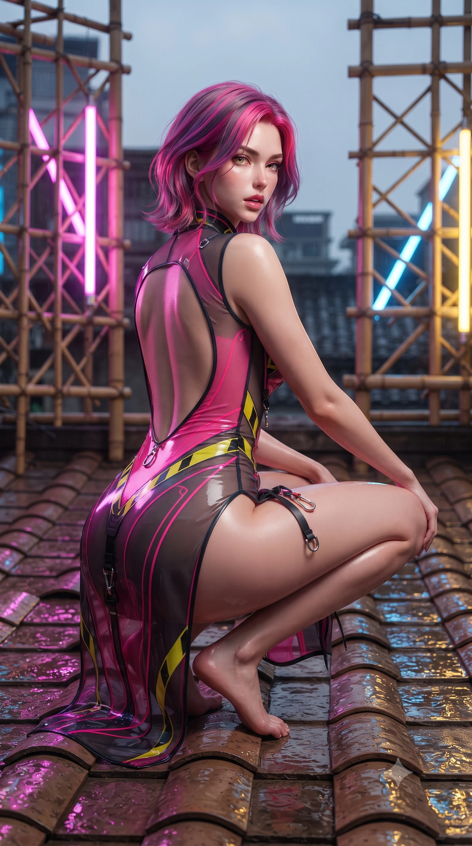 score_9, masterpiece, best quality, ultra-detailed, high-budget anime keyframe, editorial fashion photography, tasteful artistic composition, Caucasian woman. low angle full-body shot from head to toe showing her feet, filling the entire 9:16 vertical frame with her statuesque presence, stretching her vertical silhouette. posing with back turned slightly to the lens, glancing back with smoldering allure as she arches her lower back to emphasize her sculpted feminine hips and slender waist while crouching low on the wet tiled rooftop terrace with back turned slightly to the lens, glancing back with smoldering bedroom-eyes and parted lips. The surrounding environment is rendered in vivid detail and crisp panoramic clarity. sharp bamboo lattice textures, wet ceramic roof tiles, and glowing neon tube reflections in deep focus. She has an absolutely perfect, statuesque 8.5-heads proportion, an exceptionally tall and slender model-like female figure with impossibly long slender legs, a toned flat midriff, an ultra-slim waist, and beautifully sculpted feminine hips. sharp v-shaped jawline, high-bridge nose, intricate jewel-like eyes with depth, thick eyelashes, glossy parted lips with a natural sheen, intensely captivating and seductive bedroom-eyes expression, flawlessly proportioned anatomical accuracy, strict slender model proportions, natural body alignment, perfectly sculpted long slender limbs, ultra-slim waistline, clean dynamic posture without body distortion. wearing a plunging sweetheart neckline cheongsam dress with an open scooped back and high side slit in blazing neon magenta and deep charcoal, made of sheer contouring power-mesh panels with anatomical curve lines, finished with high-visibility hazard warning tape details and carabiner clips, the dramatically scooped open back descending to the base of her spine, accentuating her razor-sharp statuesque lines and curvy hourglass silhouette. surrounded by an enigmatic, sultry, and breathtakingly hypnotic cyber-femme fatale aura. ultra-reflective glossy finish, specular highlights, rich textural contrasts, high-contrast stereoscopic depth, volumetric dynamic lighting, 2k, ultra detail, master piece, 9:16 ratio