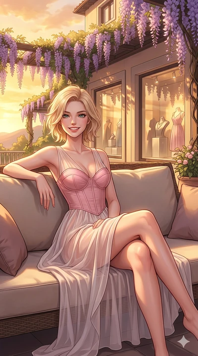 score_9, masterpiece, best quality, ultra-detailed, high-budget anime keyframe, vibrant anime aesthetic, Caucasian woman, strictly human ears. cowboy shot from the thighs up, character and outfit filling the frame for maximum presence. She is leaning