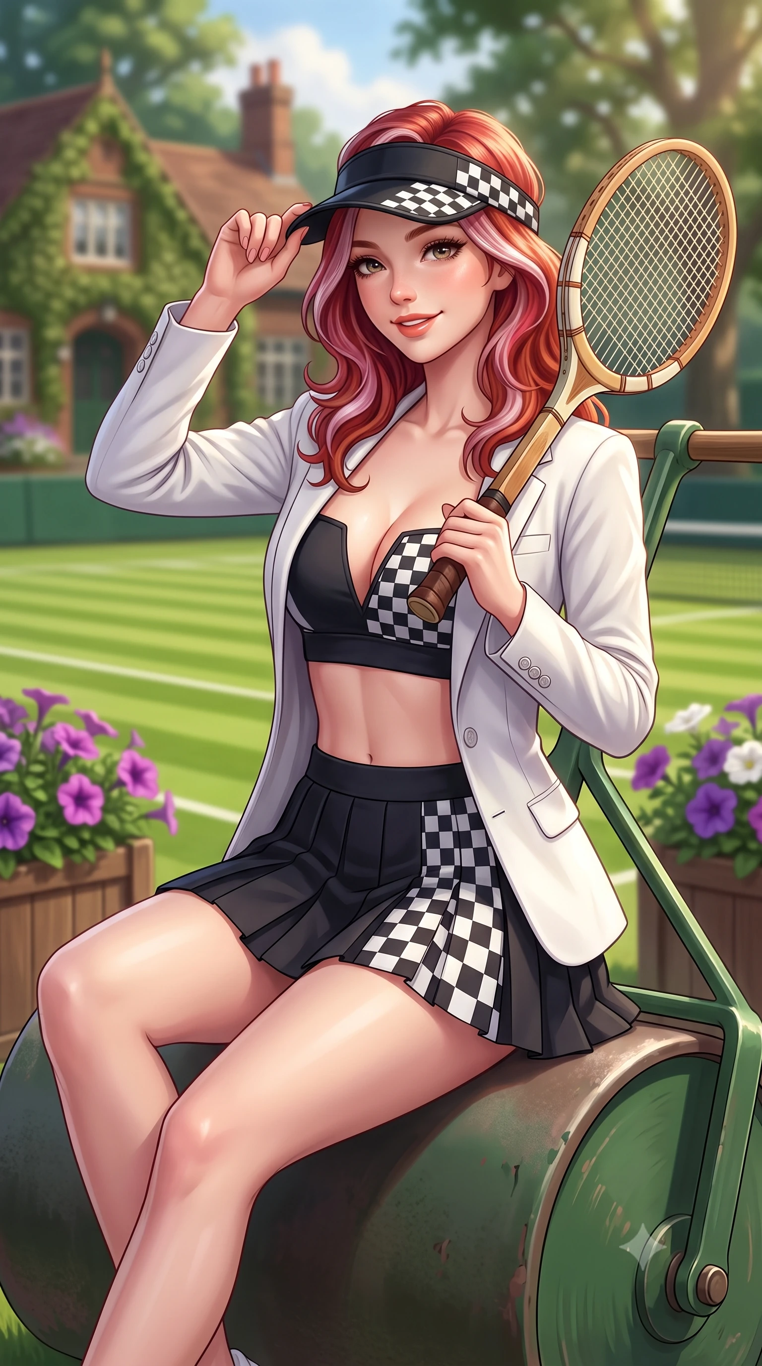 score_9, masterpiece, best quality, ultra-detailed, high-budget anime keyframe, semi-realistic 3D game render, editorial fashion photography, tasteful artistic composition, Caucasian woman. close-up cowboy shot from the waist and thighs up, the character dominates the composition, filling the frame with her large presence. tilting her head with a cute beaming smile while arching her spine with athletic poise, one hand adjusting her racing visor in a flirtatious S-curve while sitting gracefully on the grass court roller with legs extended, holding a bowl of fresh strawberries and cream with effortless old-money charm. The background shows a soft-focus striped emerald green lawn tennis courts, ivy-covered clubhouse brick walls, and purple petunia planters blurred into emerald, plum, and cloud-white bokeh. She has an exceptionally elegant, slender, and willowy female figure with an ultra-slim waist, flat toned midriff, narrow ribcage, and sculpted feminine hips creating an alluring, slim hourglass silhouette without bulk. sharp v-shaped jawline, high-bridge nose, sparkling eyes with athletic focus and depth, thick curled eyelashes, glossy parted lips with a natural coral-peach sheen, bright confident and coquettish smile with alluring bedroom-eyes, exuding both youthful sporty vigor and sovereign high-society glamour, flawlessly proportioned anatomical accuracy, strict slender model proportions, natural body alignment, perfectly sculpted long slender limbs, ultra-slim waistline, clean dynamic posture without body distortion. wearing a tailored white blazer worn open over a plunging racing bandeau top and pleated tennis micro-skirt in matte obsidian black and checkered flag white, made of second-skin technical compression piqué knit with moisture-wicking stretch, featuring a vintage wooden tennis racket held casually over one shoulder, the glove-like aerodynamic silhouette tightly following the natural contour of her hips and long slender legs with youthful 8.5-heads elegance. bathed in soft warm English afternoon sunlight filtering through stately oak trees. highly saturated vibrant anime colors, detailed shading with soft gradients, rich glossy textures, high-contrast stereoscopic depth, volumetric dynamic lighting, master piece, 9:16 ratio