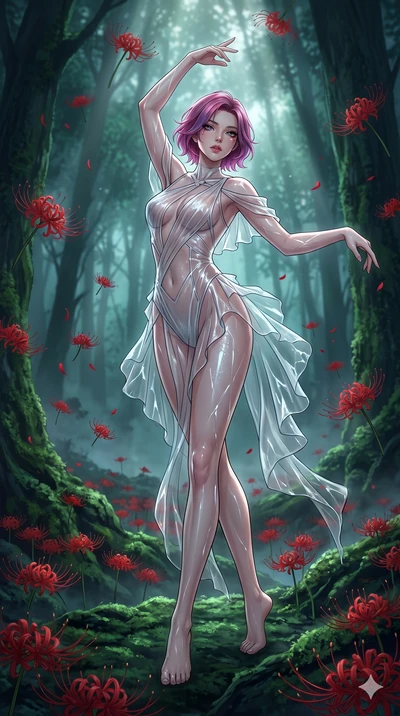 score_9, masterpiece, best quality, ultra-detailed, High-budget Anime Keyframe, East Asian woman. Low angle cowboy shot filling the entire 9:16 frame with her statuesque presence. Scenario 25: Dancing amidst falling red spider lilies in a misty dark 