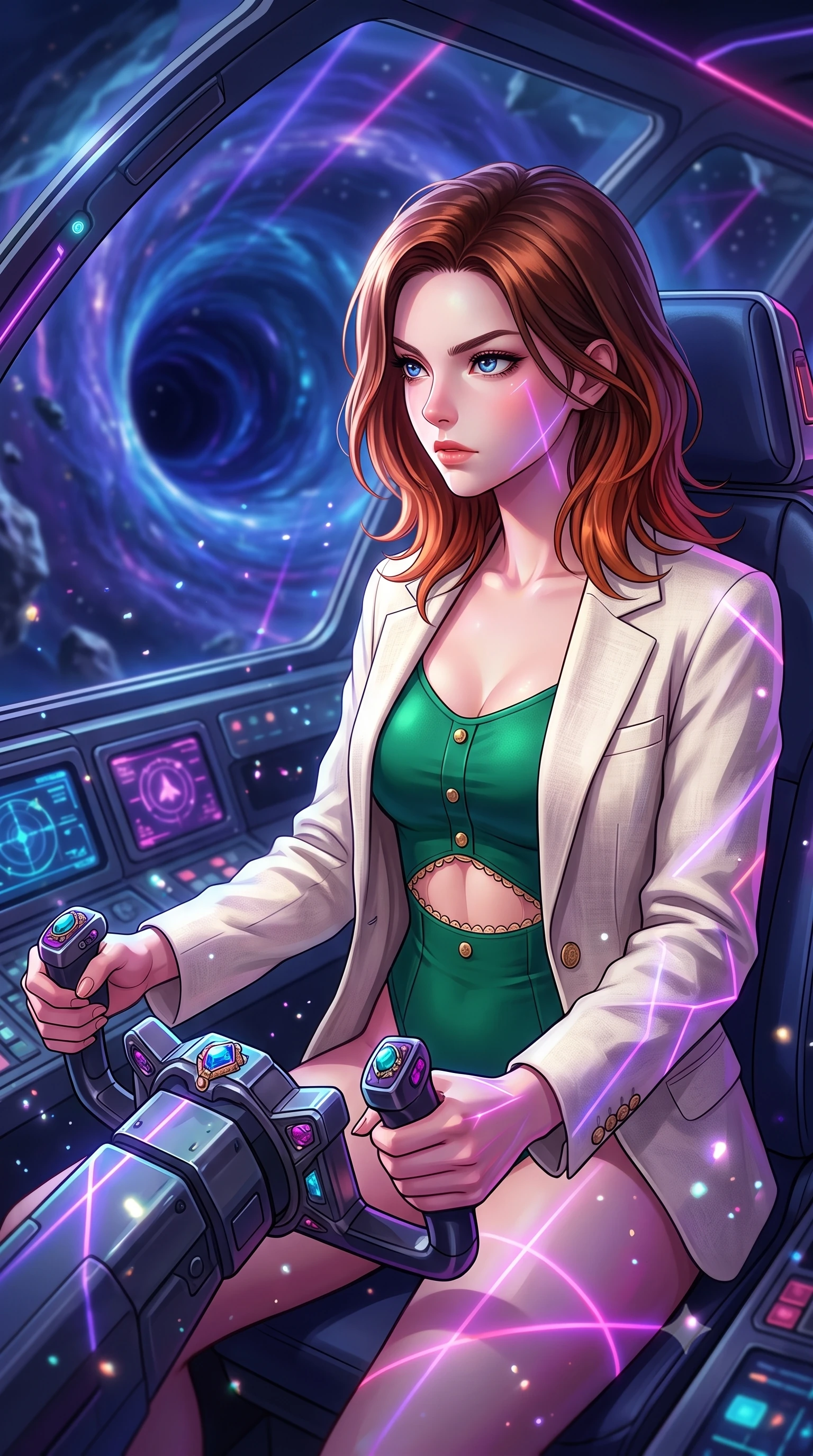 score_9, masterpiece, best quality, ultra-detailed, high-budget anime keyframe, editorial fashion photography, tasteful artistic composition, Korean woman. close-up cowboy shot from the waist and thighs up, the character dominates the composition, filling the frame with her large presence, background elements kept in soft focus. Piloting a starfighter through a tight asteroid gap, hands tight on the flight yoke, looking sharply left. set against a soft-focus background of the entrance of a stabilizing wormhole, space-time warping in a blue and violet gravity funnel in deep space. She has an exceptionally elegant and slender, willowy female figure with an ultra-slim waist, a gracefully sculpted slender torso, and a refined slim physique. sharp v-shaped jawline, high-bridge nose, intricate jewel-like eyes with depth, thick eyelashes, glossy lips with a natural sheen. wearing catching and diffusing the glowing particles, shimmering softly in response to the surrounding light, a slim-fit high-cut bodysuit in emerald green, with gold button accents and an exposed midriff section under an open linen blazer. highly saturated vibrant anime colors, intense vivid color palette, soft 3D volumetric shading, volumetric dynamic lighting, laser lines of violet and hot pink reflecting off surfaces casting geometric neon highlights. 2k, ultra detail, master piece, 9:16 ratio