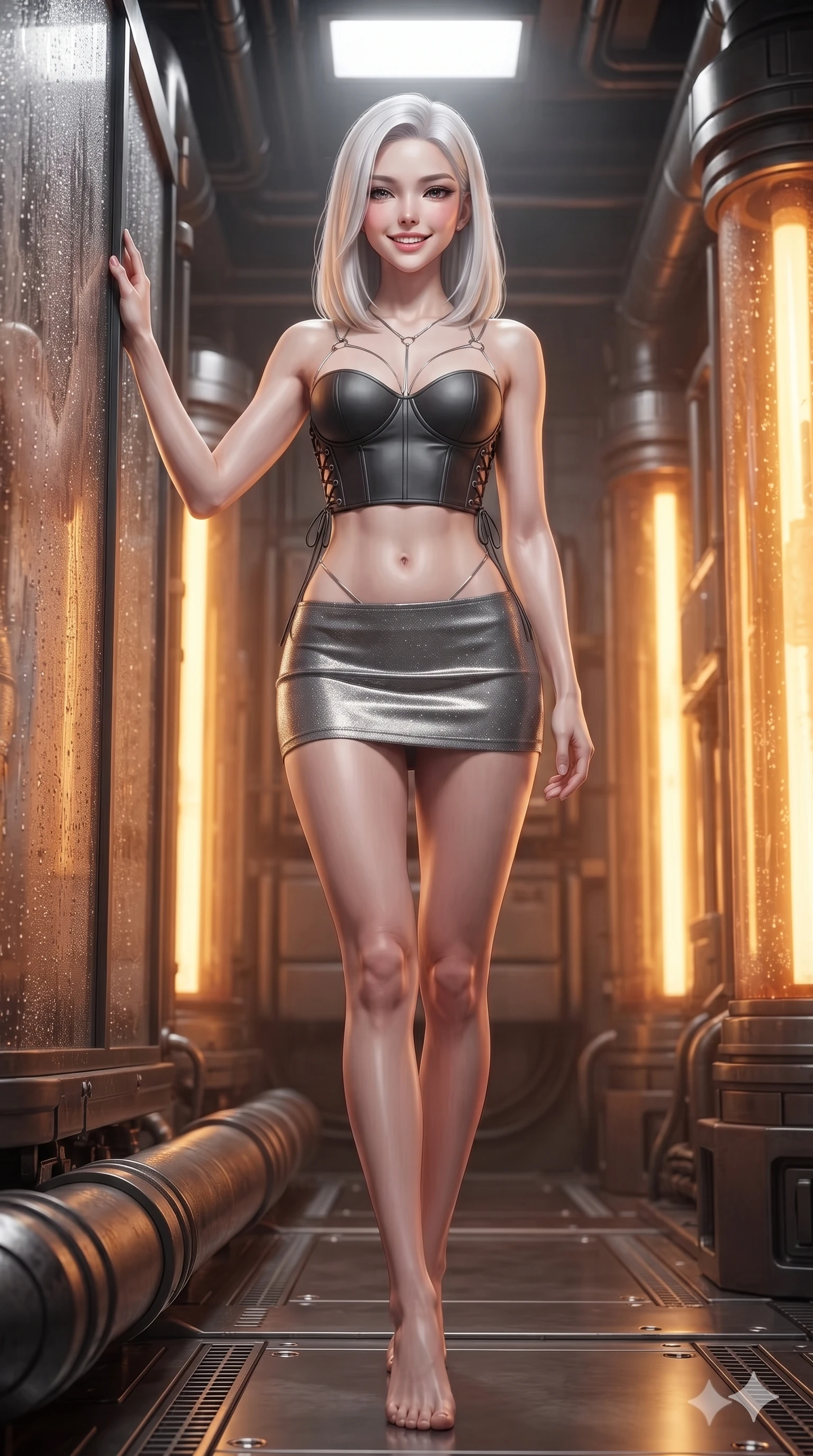 score_9, masterpiece, best quality, ultra-detailed, high-budget anime keyframe, editorial fashion photography, tasteful artistic composition, Korean woman. low angle full-body shot from head to toe showing her feet, filling the entire 9:16 vertical frame with her statuesque presence, stretching her vertical silhouette. stepping slowly toward the camera with hypnotic grace, hips swaying in an alluring sensual rhythm that accentuates her curvy hourglass silhouette and long slender legs while leaning against a heavy insulated conduit casing with hips cocked back, casting an intoxicating bedroom-gaze through condensation droplets. The surrounding environment is rendered in vivid detail and crisp panoramic clarity: crisp tactical fabric texture, polished chrome harness rings, and industrial architecture in razor-sharp precision. She has an absolutely perfect, statuesque 8.5-heads proportion, an exceptionally tall and slender model-like female figure with impossibly long slender legs, an ultra-slim waist, a flat toned midriff, narrow delicate ribcage, and beautifully sculpted feminine hips creating a graceful, slim hourglass silhouette without any bulky heaviness. sharp v-shaped jawline, high-bridge nose, intricate jewel-like sparkling eyes with depth, thick eyelashes, glossy parted lips with a natural sheen, bright confident smile with an enchanting and coquettish sensual glint, exuding both youthful magnetic charm and sovereign high-tech allure, flawlessly proportioned anatomical accuracy, strict slender model proportions, natural body alignment, perfectly sculpted long slender limbs, ultra-slim waistline, clean dynamic posture without body distortion. wearing a sculpted matte carbon underwire crop bustier with lace-up side ties paired with a low-rise micro skirt in reflective liquid mercury and matte phantom grey, woven from stretch metallic lurex jersey casting radiant starlight glints across her curves, accented with a chrome-drop body harness subtly framing her dewy collarbones and spine, the form-contouring cut accentuating her sculpted flat midriff, narrow delicate ribcage, and gracefully curvy hips with cybernetic supermodel precision. bathed in the warm luminous glow emanating from within the amber coolant columns mixed with crisp overhead white floodlights. ultra-reflective glossy finish, specular highlights, rich textural contrasts, high-contrast stereoscopic depth, volumetric dynamic lighting, 2k, ultra detail, master piece, 9:16 ratio
