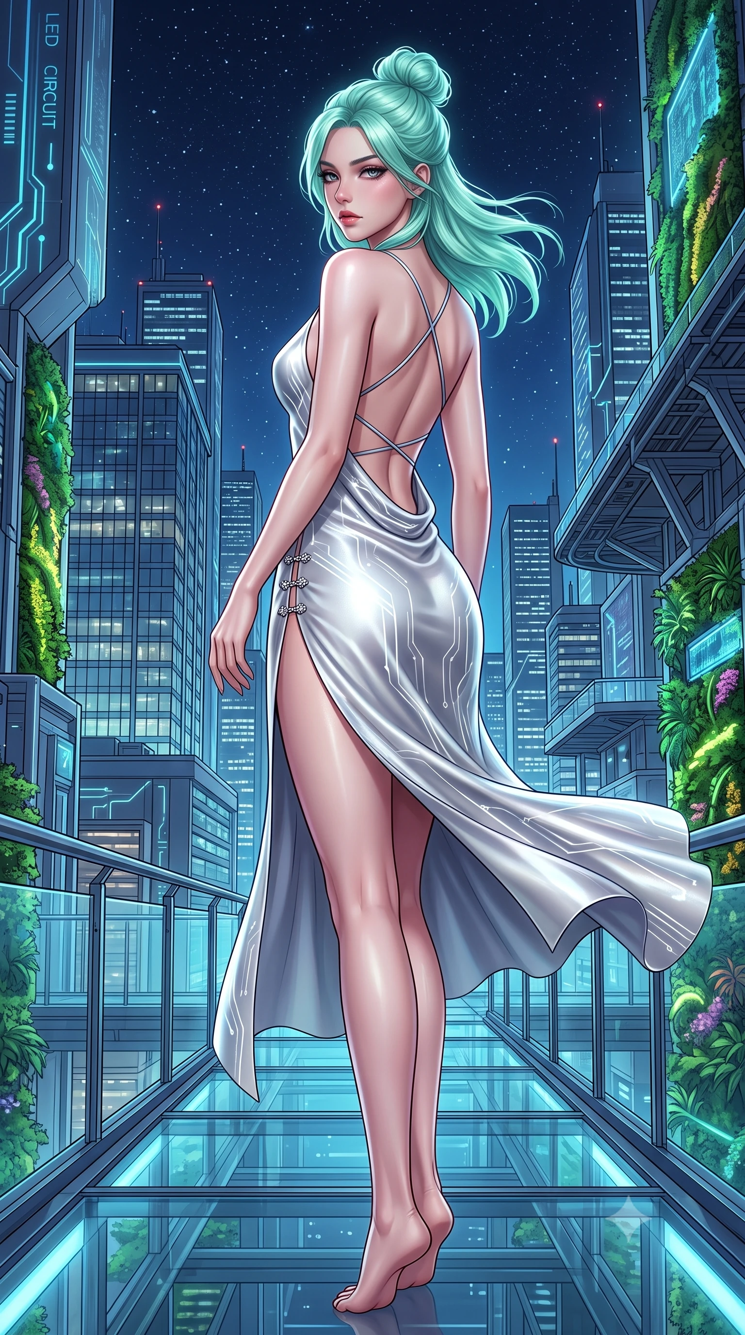 score_9, masterpiece, best quality, ultra-detailed, high-budget anime keyframe, semi-realistic 3D game render, editorial fashion photography, tasteful artistic composition, Japanese woman. low angle full-body shot from head to toe showing her feet, filling the entire 9:16 vertical frame with her statuesque presence, stretching her vertical silhouette. posing with back turned slightly to the lens, glancing back with smoldering allure as she arches her lower back to emphasize her sculpted feminine hips and slender waist while executing an elegant mid-motion turn as night winds whip her high-slit dress, her statuesque vertical presence dominating the futuristic panorama. The surrounding environment is rendered in vivid detail and crisp panoramic clarity. detailed high-tech fabric sheen, LED circuit lines, and distant skyscraper window grids in high resolution. She has an exceptionally tall and slender model-like 8.5-heads proportion, an ultra-slim waist, a flat toned midriff, narrow delicate ribcage, and beautifully sculpted feminine hips creating a graceful, slim hourglass silhouette without any bulky heaviness, with impossibly long slender legs. sharp v-shaped jawline, high-bridge nose, intricate jewel-like eyes with depth, thick eyelashes, glossy parted lips with a natural sheen, intensely captivating and seductive bedroom-eyes expression, flawlessly proportioned anatomical accuracy, strict slender model proportions, natural body alignment, perfectly sculpted long slender limbs, ultra-slim waistline, clean dynamic posture without body distortion. wearing a backless cowl-neck satin slip dress featuring high-cut side hip slits and delicate criss-cross back straps in shimmering silver mercury and pearl white, tailored from ultra-smooth duchess satin with a pearlescent sheen, finished with an ultra-high side slit secured by miniature jeweled clasps, the precision-cut side openings and low-back scoop framing her graceful spine and the sensual sweep of her slim, toned hips. surrounded by a visionary, electrifying, and breathlessly magnificent eco-metropolis queen aura. highly saturated vibrant anime colors, detailed shading with soft gradients, rich glossy textures, high-contrast stereoscopic depth, volumetric dynamic lighting, master piece, 9:16 ratio