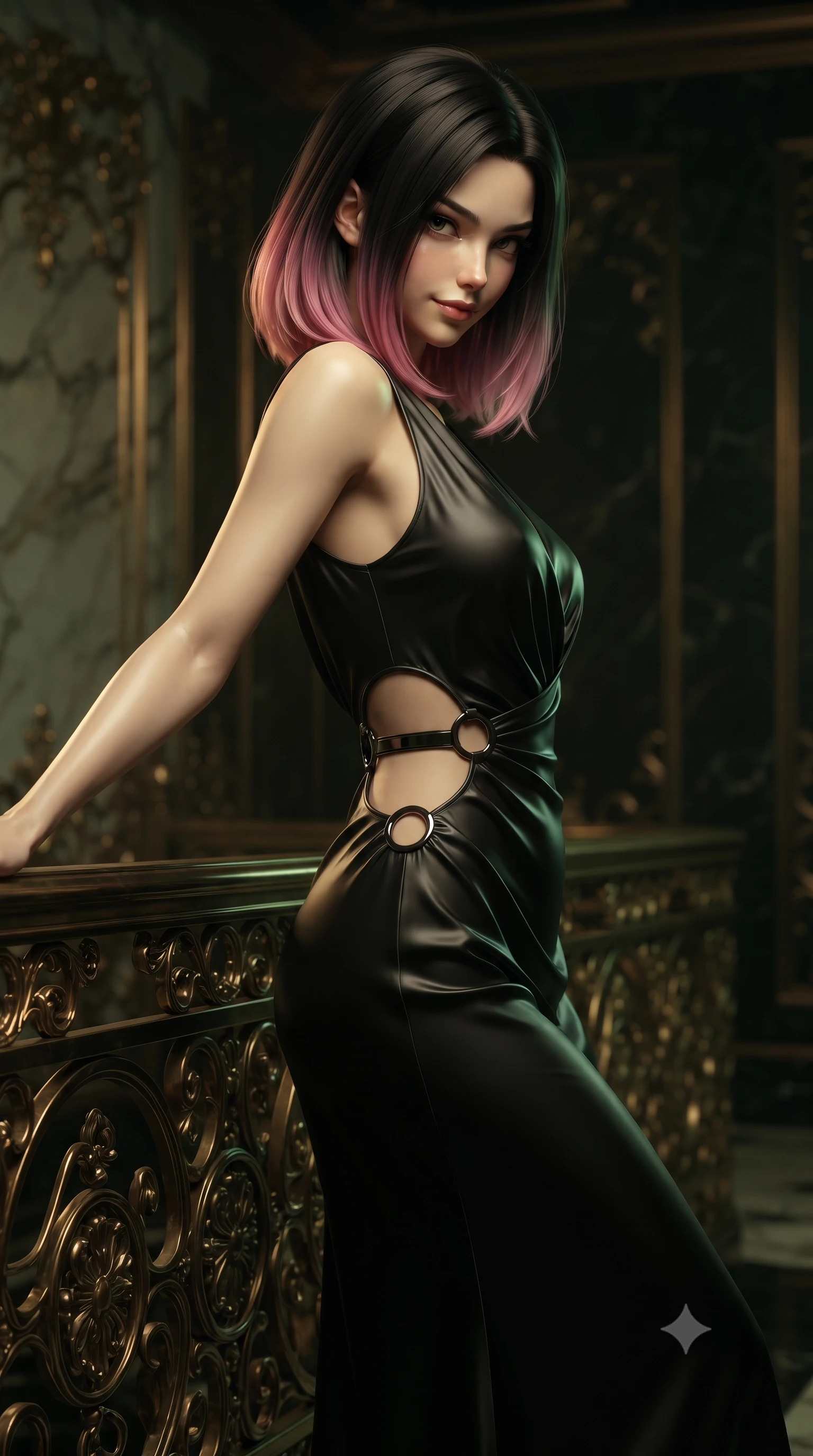 score_9, masterpiece, best quality, ultra-detailed, high-budget anime keyframe, editorial fashion photography, tasteful artistic composition, Korean woman. close-up cowboy shot from the waist and thighs up, the character dominates the composition, filling the frame with her large presence, background elements kept in soft focus. Glancing sidelong over her shoulder with a smoldering, enigmatic half-smile, leaning against an ornate dark gold balustrade overlooking a shadowy hall, dark gold filigree on marble walls glinting under sharp key light. She has an exceptionally elegant, slender, and willowy female figure with an ultra-slim waist, a gracefully sculpted slender torso, and a refined silhouette. sharp v-shaped jawline, high-bridge nose, intricate jewel-like eyes with depth, thick eyelashes, glossy lips with a natural sheen. wearing draped obsidian silk gown featuring tasteful waist slit cutouts in smoky pitch black, made of soft dark satin, trimmed with dark chrome ring hardware along the waist contours, following her slender form with tailored precision. bathed in warm gold and cool green firelight contrast against black shadows. ultra-reflective glossy finish, specular highlights, metallic sheen, high-contrast stereoscopic depth, volumetric dynamic lighting, 2k, ultra detail, master piece, 9:16 ratio