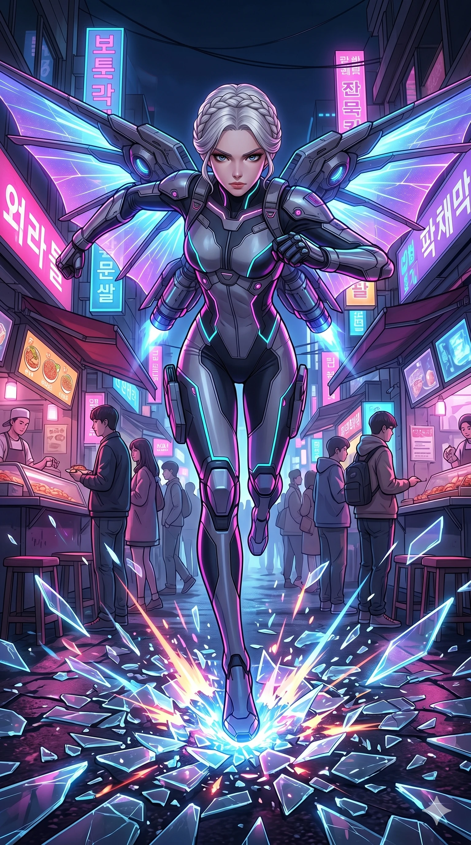 score_9, masterpiece, best quality, ultra-detailed, Set A: High-budget Anime Keyframe, Japanese woman. Low angle cowboy shot filling the entire 9:16 frame with her statuesque presence. Sprinting through a neon-lit Neo-Seoul market, as the ground beneath her turns into 101 shards of light and surrounded by shattered glass fragments. She has an absolutely perfect 8-heads proportion, an exceptionally tall and slender female figure with impossibly long slender legs and an ultra-slim waist. Sharp v-shaped jawline, high-bridge nose, intricate jewel-like eyes with depth, thick eyelashes, glossy lips with a natural sheen. Wearing Cybernetic wingsuit with glowing wing membranes and a sleek pilot bodysuit. Cinematic lighting, vibrant colors, dramatic shadows, 2k, ultra detail, master piece, 9:16 ratio