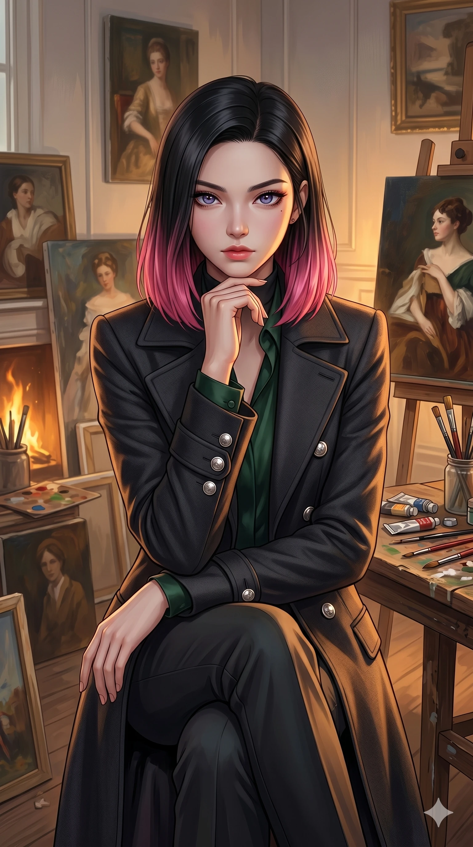 score_9, masterpiece, best quality, ultra-detailed, high-budget anime keyframe, editorial fashion photography, tasteful artistic composition, Korean woman. cowboy shot from the thighs up, character and outfit filling the frame for maximum editorial presence. resting her chin on her hand, looking directly at the camera with a confident, piercing gaze inside a quiet, sun-washed art studio with oil canvases (Code-P17-060). She has an absolutely perfect 8-heads proportion, an exceptionally tall and slender female figure with impossibly long slender legs and an ultra-slim waist. V-shaped jawline, high-bridge nose, intricate jewel-like eyes with depth, thick eyelashes, glossy lips with a natural sheen. wearing a structured high-neck coat with silver buttons. warm amber firelight casting dancing shadows and a soft golden glow over her features. 2k, ultra detail, master piece, 9:16 ratio