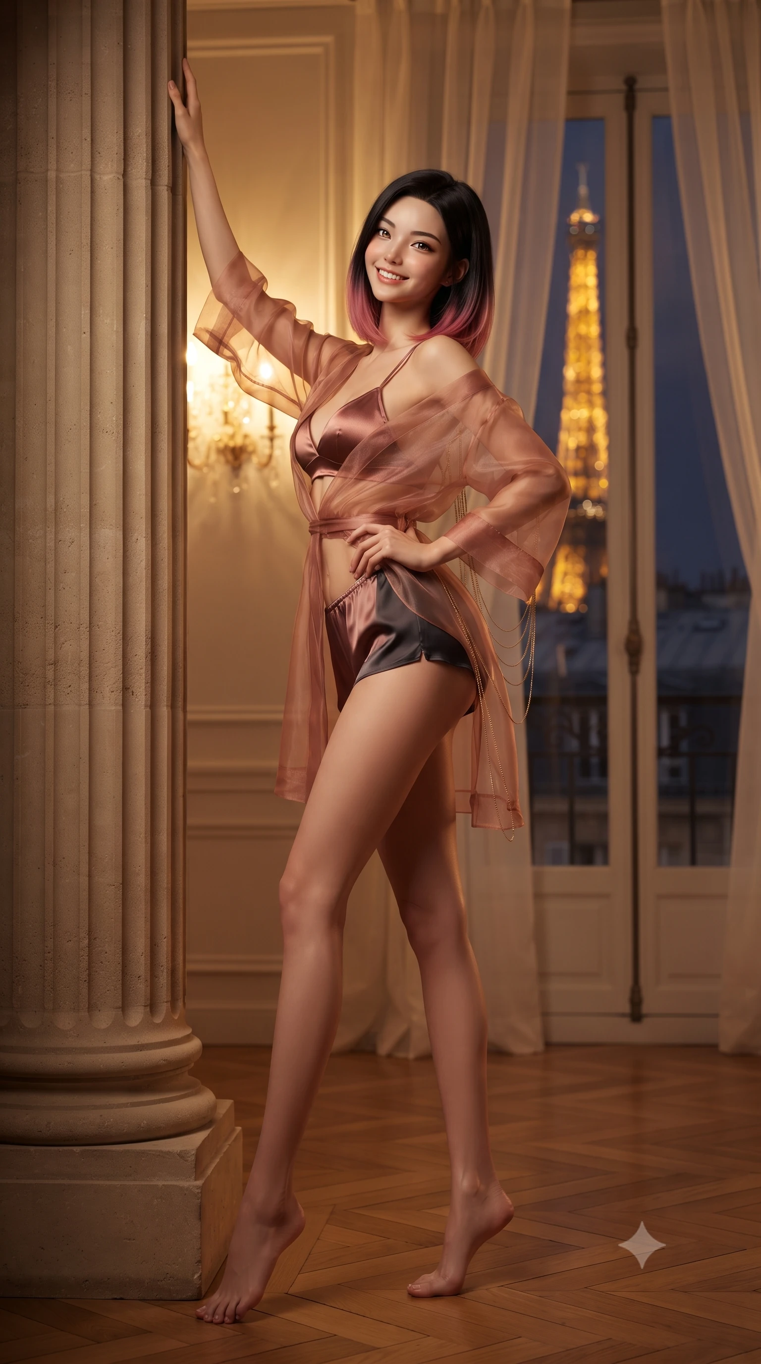 score_9, masterpiece, best quality, ultra-detailed, high-budget anime keyframe, editorial fashion photography, tasteful artistic composition, Korean woman. low angle full-body shot from head to toe showing her feet, filling the entire 9:16 vertical frame with her statuesque presence, stretching her vertical silhouette. standing tall beside the architectural column, one hand resting high while arching her lower back to emphasize her sculpted feminine hips and slender waist while standing poised beside the floor-to-ceiling French balcony doors draped in billowing ivory silk, arching her lower back with magnetic nocturnal glamour as the illuminated Eiffel Tower sparkles in the midnight mist. The background shows a soft-focus the sparkling golden beacon of the Eiffel Tower through sheer curtains, Parisian zinc mansard rooftops, and quiet midnight streetlights blurred into champagne, topaz, and obsidian bokeh. She has an exceptionally tall and slender model-like 8.5-heads proportion, an ultra-slim waist, a flat toned midriff, narrow delicate ribcage, and beautifully sculpted feminine hips creating a graceful, slim hourglass silhouette without any bulky heaviness, with impossibly long slender legs. sharp v-shaped jawline, high-bridge nose, intricate jewel-like sparkling eyes with depth, thick eyelashes, glossy parted lips with a natural peach sheen, bright cheerful beaming smile with an enchanting and coquettish sensual glint, exuding both youthful cute charm and seductive allure, flawlessly proportioned anatomical accuracy, strict slender model proportions, natural body alignment, perfectly sculpted long slender limbs, ultra-slim waistline, clean dynamic posture without body distortion. wearing a sheer silk organza modern caftan robe worn loose and slipping off bare shoulders over a matching satin bralette and micro-shorts in sultry copper rose and deep shadow charcoal, crafted from translucent silk organza with an ethereal crystalline sheen, accented with an open-back drape framed by falling strands of delicate gold chains, the precision-cut side openings and low-back scoop framing her graceful spine and the sensual sweep of her slim, toned hips. bathed in the intimate warm 2400K golden glow of dim bedside crystal sconces mixed with deep midnight Parisian sky fill. ultra-reflective glossy finish, specular highlights, rich textural contrasts, high-contrast stereoscopic depth, volumetric dynamic lighting, 2k, ultra detail, master piece, 9:16 ratio