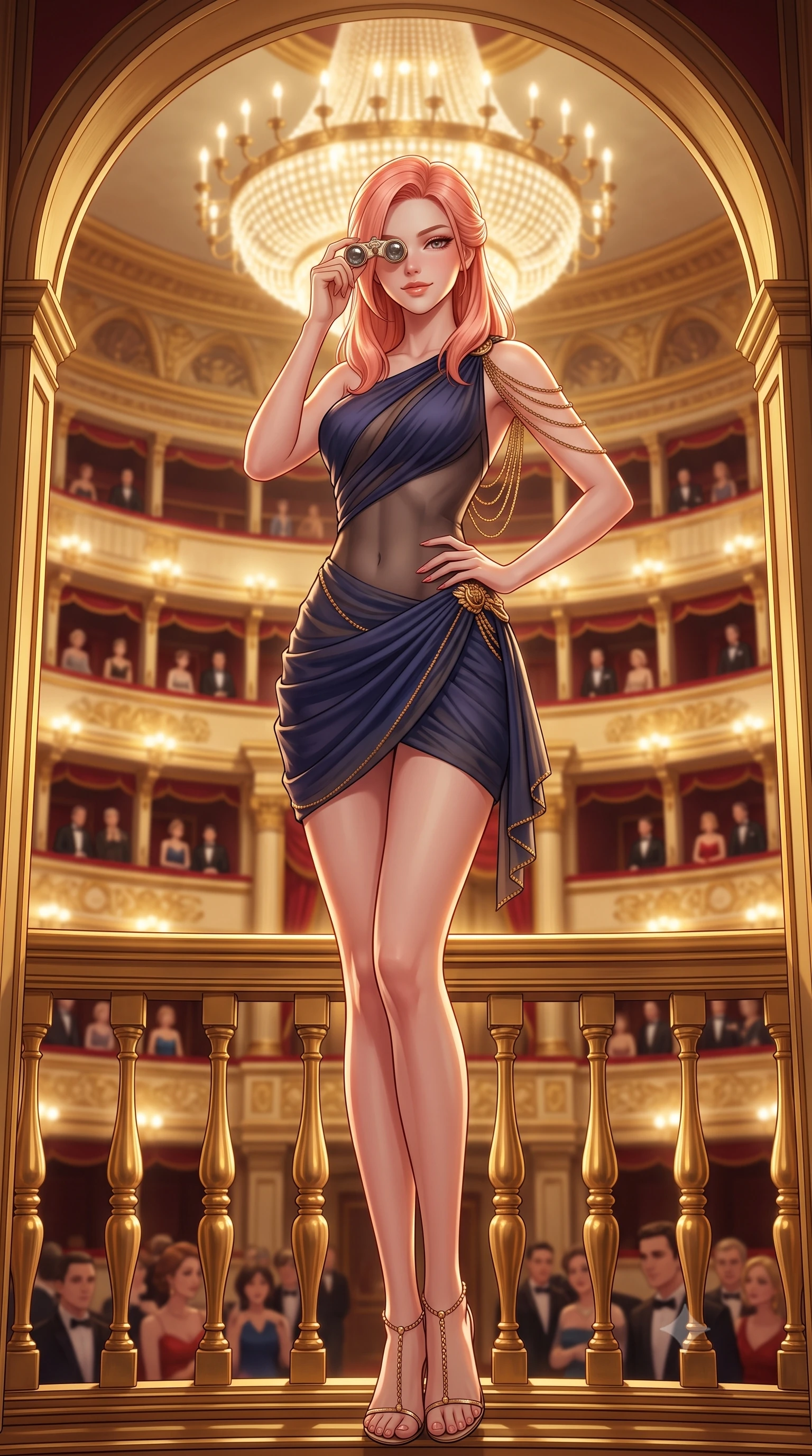 score_9, masterpiece, best quality, ultra-detailed, high-budget anime keyframe, semi-realistic 3D game render, editorial fashion photography, tasteful artistic composition, Japanese woman. low angle full-body shot from head to toe showing her feet, filling the entire 9:16 vertical frame with her statuesque presence, stretching her vertical silhouette. reclining gracefully across the plush chaise lounge with one leg extended, her sculpted silhouette and flat midriff radiating magnetic nocturnal glamour while standing poised framed inside the gilded imperial box archway with hips cocked back, holding a mother-of-pearl opera glass with seductive royal cool. The background shows a soft-focus six tiers of gilded opera boxes filled with gala attendees in evening dress, colossal tiered central chandelier, and red velvet drapery blurred into gold, crimson, and ivory bokeh. She has an absolutely perfect, statuesque 8.5-heads proportion, an exceptionally tall and slender model-like female figure with impossibly long slender legs, an ultra-slim waist, a flat toned midriff, narrow delicate ribcage, and beautifully sculpted feminine hips creating a graceful, slim hourglass silhouette without any bulky heaviness. sharp v-shaped jawline, high-bridge nose, sparkling eyes with hypnotic seductive depth, thick curled eyelashes, glossy parted lips with a natural dewy peach sheen, alluring bedroom-eyes with an enchanting coquettish smile, exuding magnetic siren charisma and sophisticated glamour, flawlessly proportioned anatomical accuracy, strict slender model proportions, natural body alignment, perfectly sculpted long slender limbs, ultra-slim waistline, clean dynamic posture without body distortion. wearing a draped Greek-goddess style silk chiffon mini toga dress with an open back and golden hip fibula in Austrian opera midnight indigo and antique brass, made of semi-opaque stretch illusion mesh with soft shadowy contours, accented with an open-back drape framed by falling strands of delicate gold chains, the form-contouring silhouette accentuating her sculpted flat midriff, narrow delicate ribcage, and gracefully curvy hips with intoxicating allure. illuminated by gilded railing reflection bounce and sharp royal-gold rim lights sculpting her razor-sharp jawline, narrow waist, and curvy hips. highly saturated vibrant anime colors, detailed shading with soft gradients, rich glossy textures, high-contrast stereoscopic depth, volumetric dynamic lighting, master piece, 9:16 ratio
