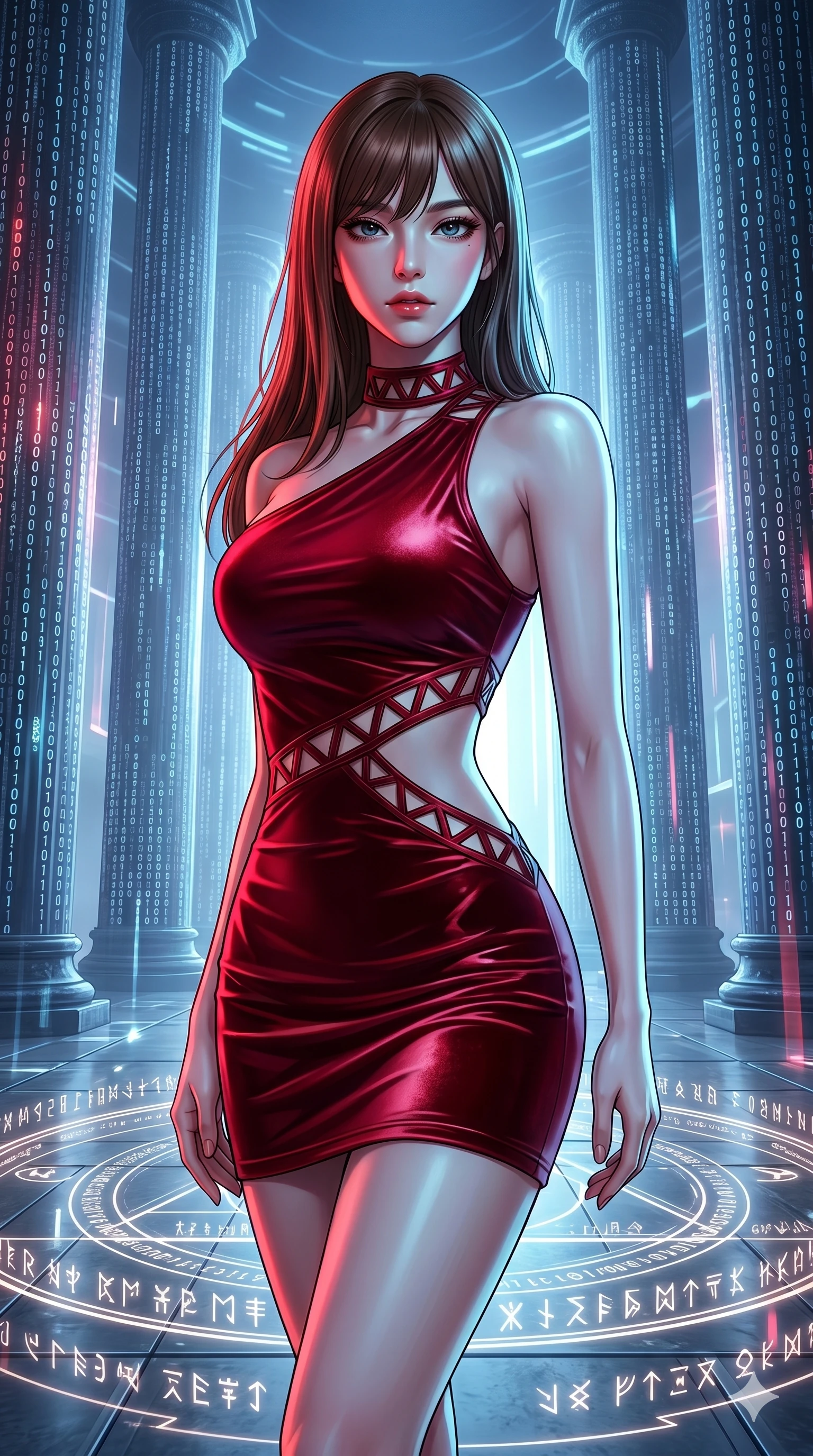 score_9, masterpiece, best quality, ultra-detailed, high-budget anime keyframe, editorial fashion photography, tasteful artistic composition, Korean woman. upper body close-up from the thighs up, character filling the screen for maximum presence. twisting her body around through a digital cathedral with towering pillars made of cascading cyber-code as glowing runes and symbols fade in and out on the ground. She has an absolutely perfect 8-heads proportion, an exceptionally tall and slender female figure with impossibly long slender legs and an ultra-slim waist. V-shaped jawline, high-bridge nose, intricate jewel-like eyes with depth, thick eyelashes, glossy lips with a natural sheen.. wearing an asymmetric liquid velvet slip dress, featuring a wet-look deep crimson red velvet one-shoulder mini slip with asymmetric geometric cutout trim. lit by high-contrast neon strobes that carve out her dynamic posture and V-shaped jawline. 2k, ultra detail, master piece, 9:16 ratio
